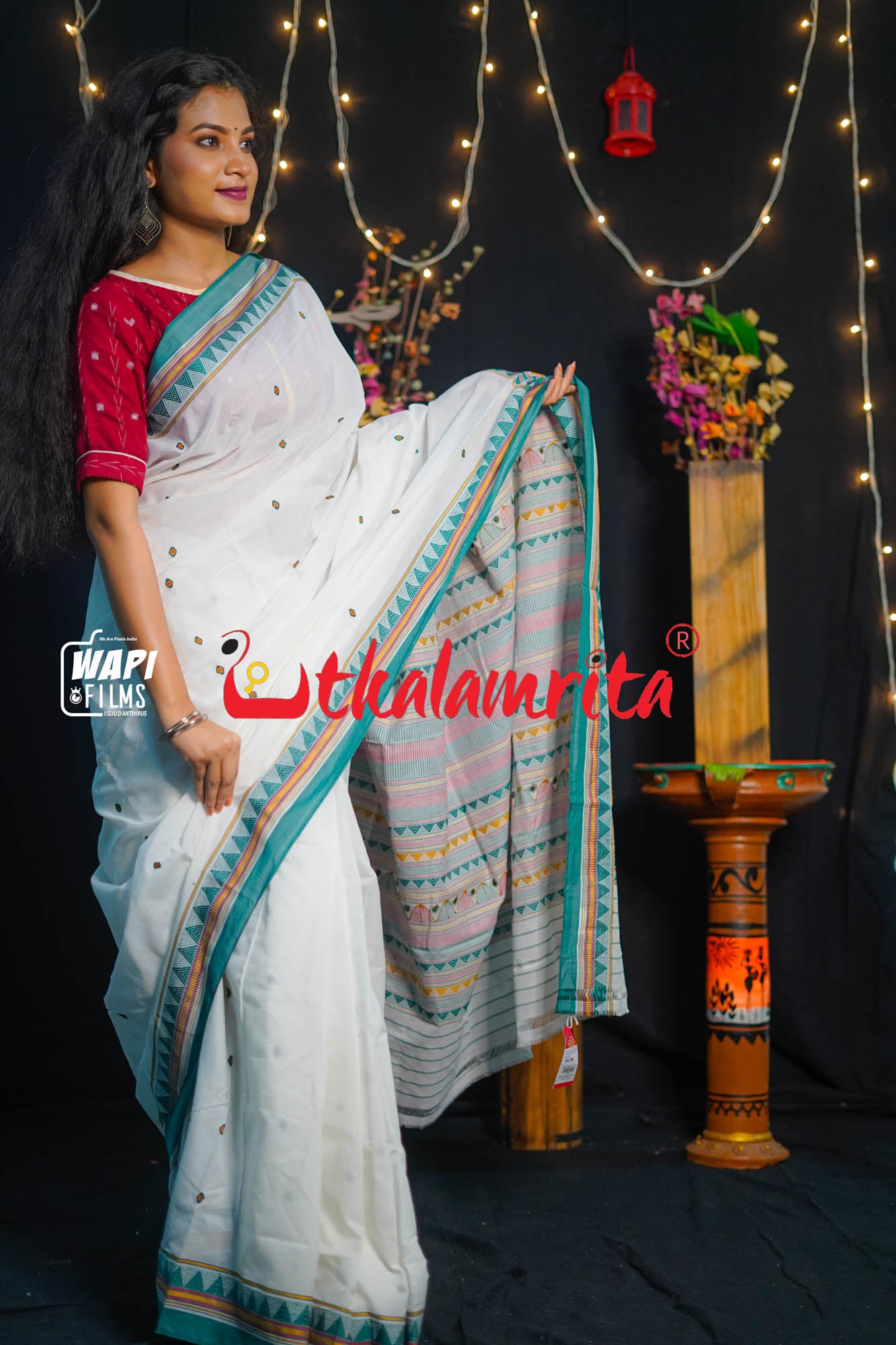 White Green Dongria Cotton Saree