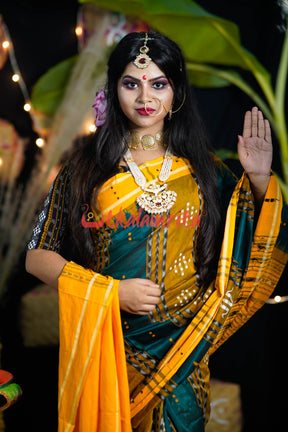 Bottle Green Yellow Taj Mahal Bapta Saree