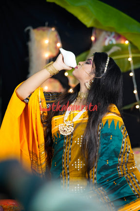 Bottle Green Yellow Taj Mahal Bapta Saree