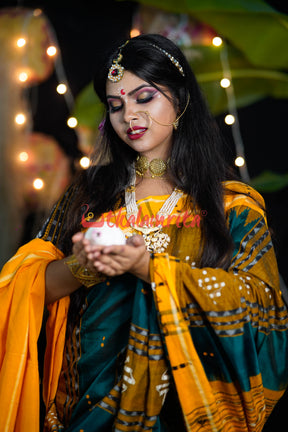 Bottle Green Yellow Taj Mahal Bapta Saree