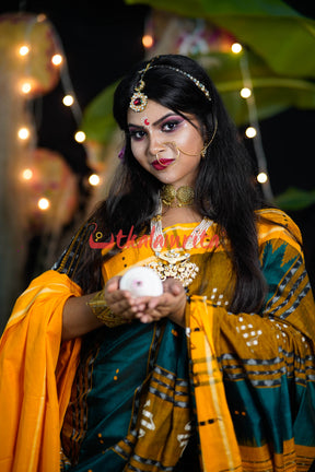 Bottle Green Yellow Taj Mahal Bapta Saree