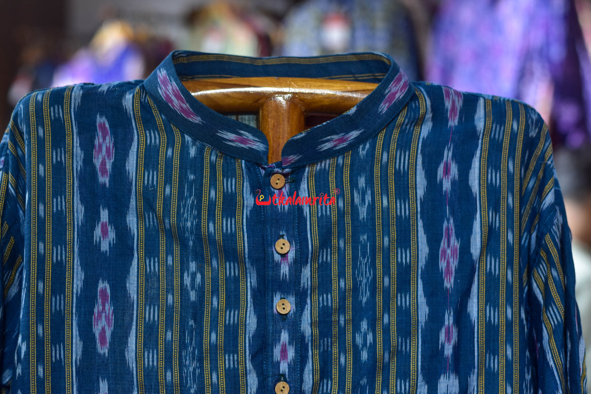 Teal Blue Red Flower Ikat (Men's Long Kurta)