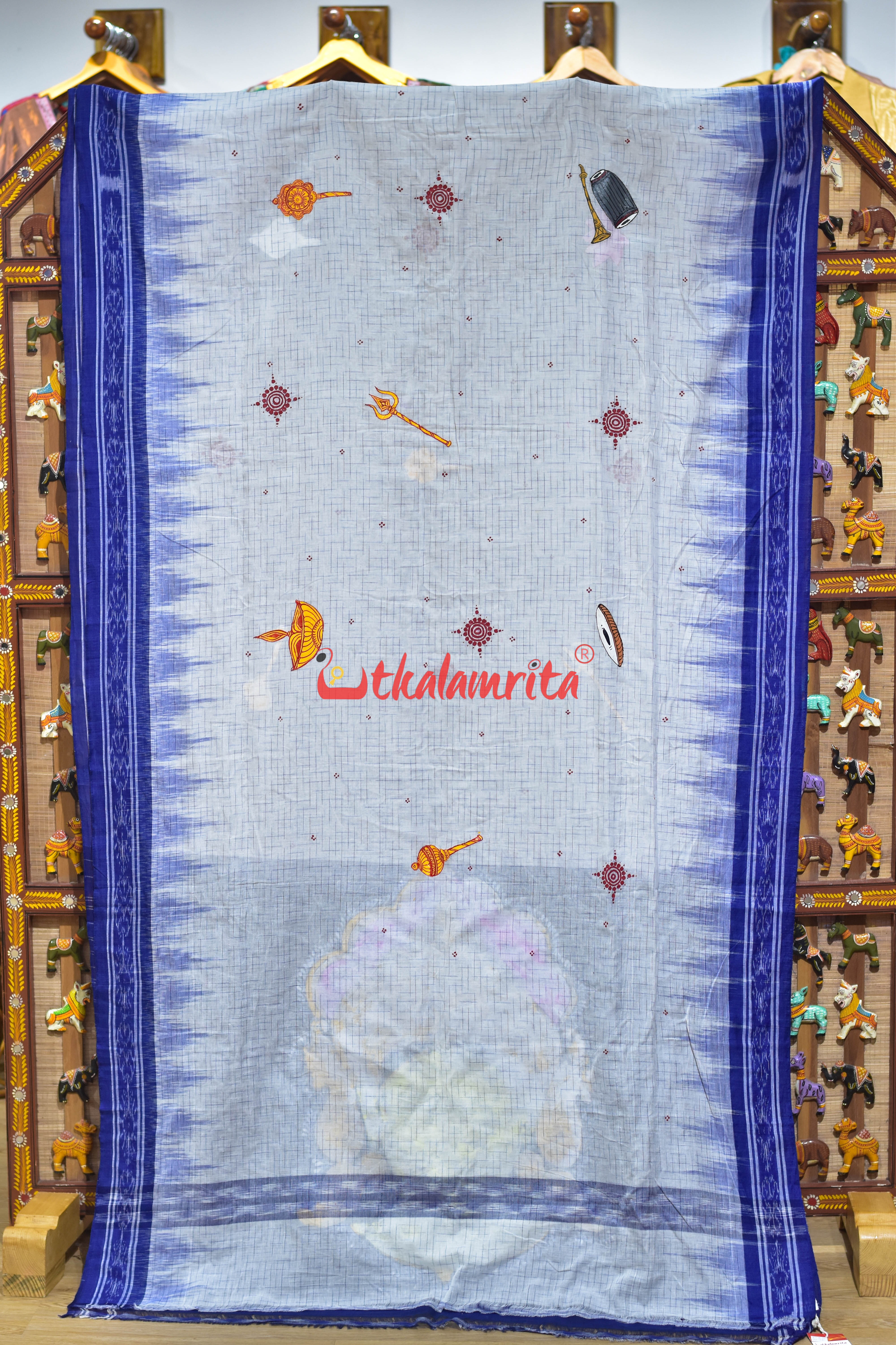 White Blue Jharana Durga Face Pattachitra Cotton Saree
