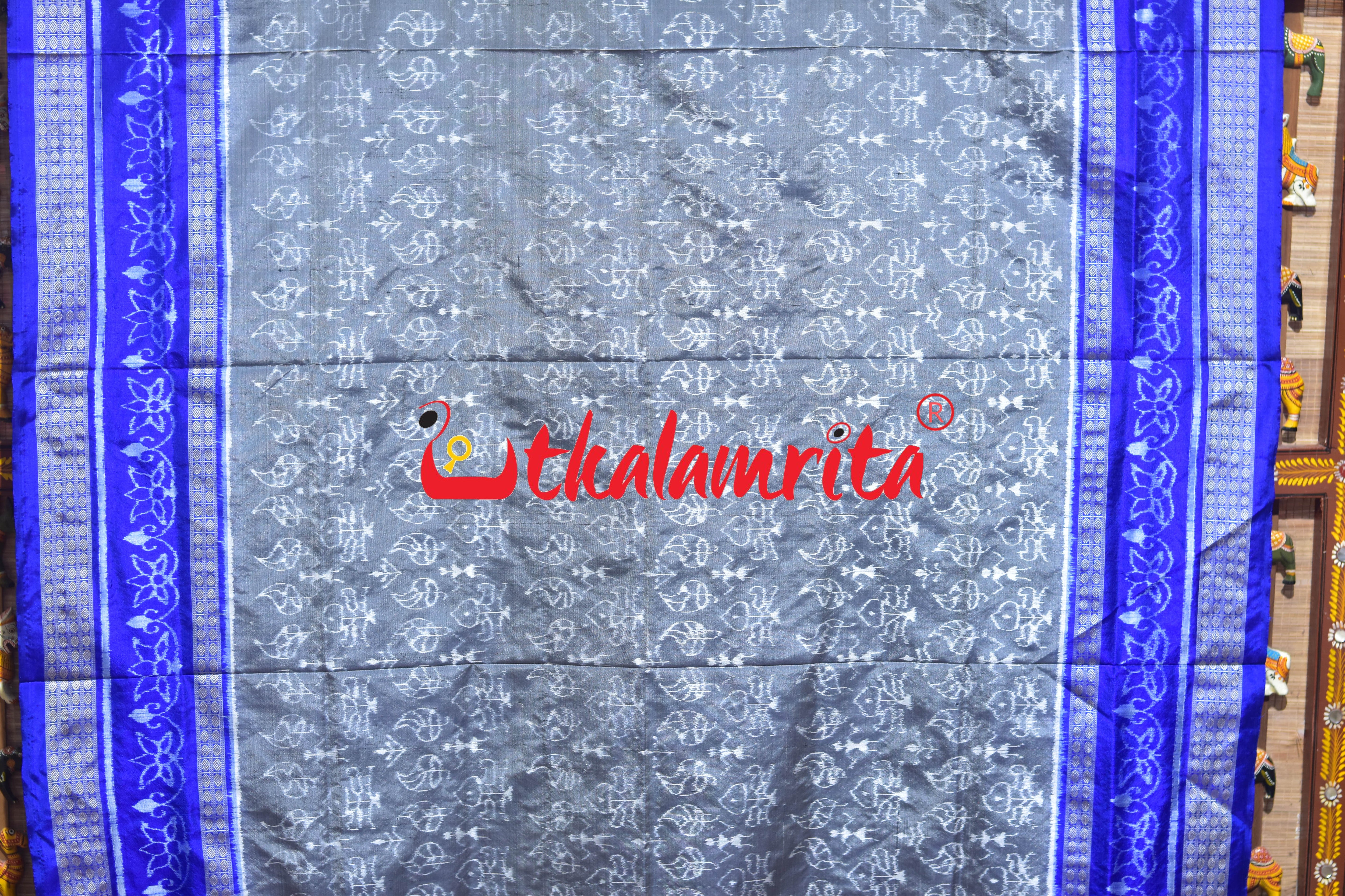 Grey Blue Leaf Lotus Sambalpuri Silk Saree