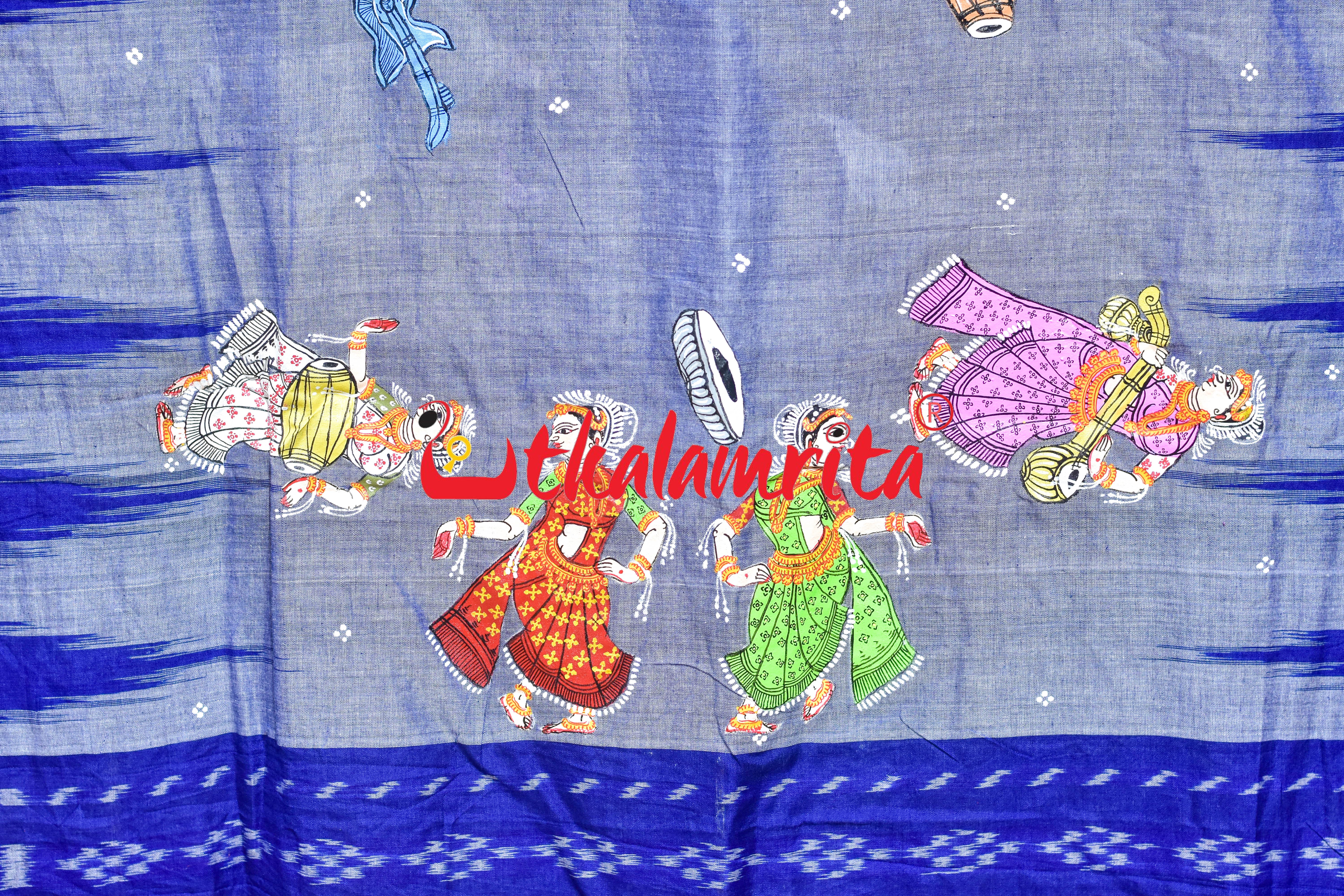 Grey Blue Kargil Musical Instruments Pattachitra Cotton Saree