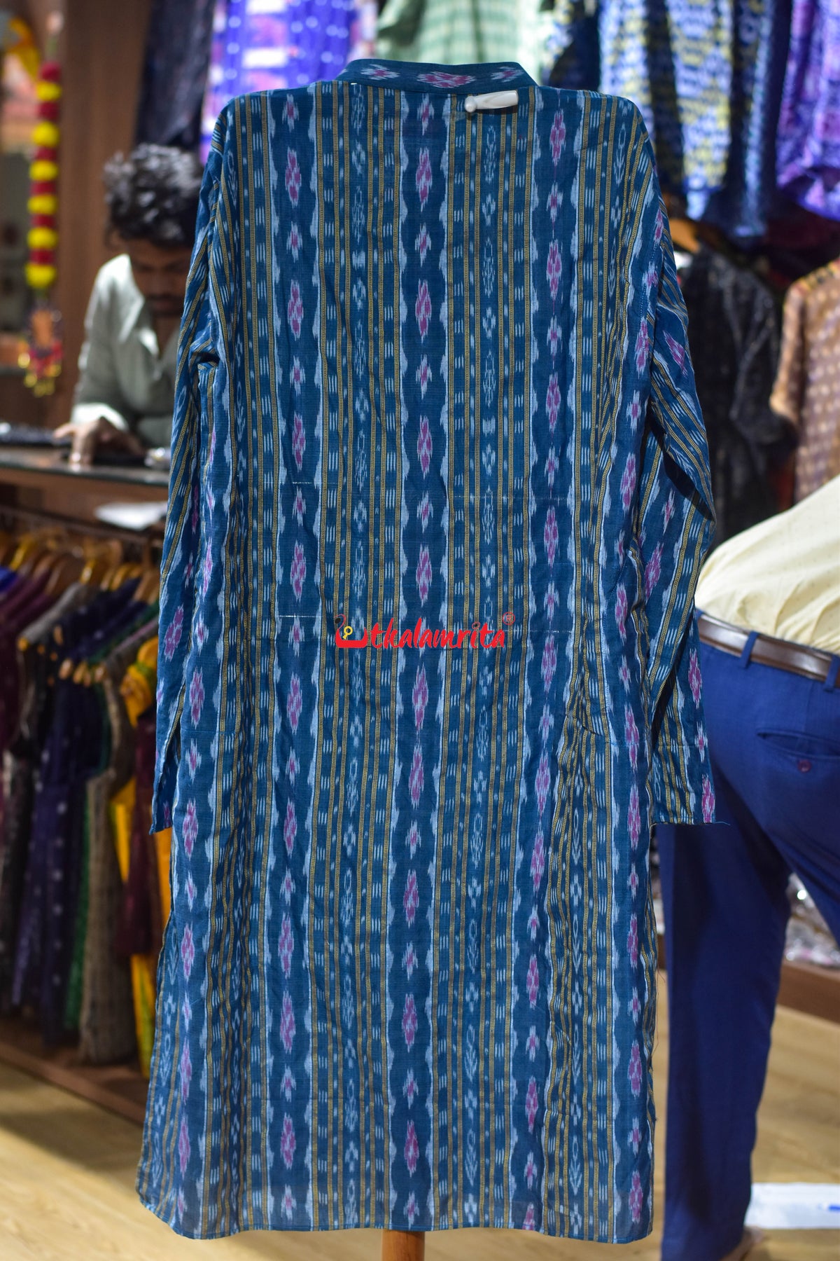 Teal Blue Red Flower Ikat (Men's Long Kurta)