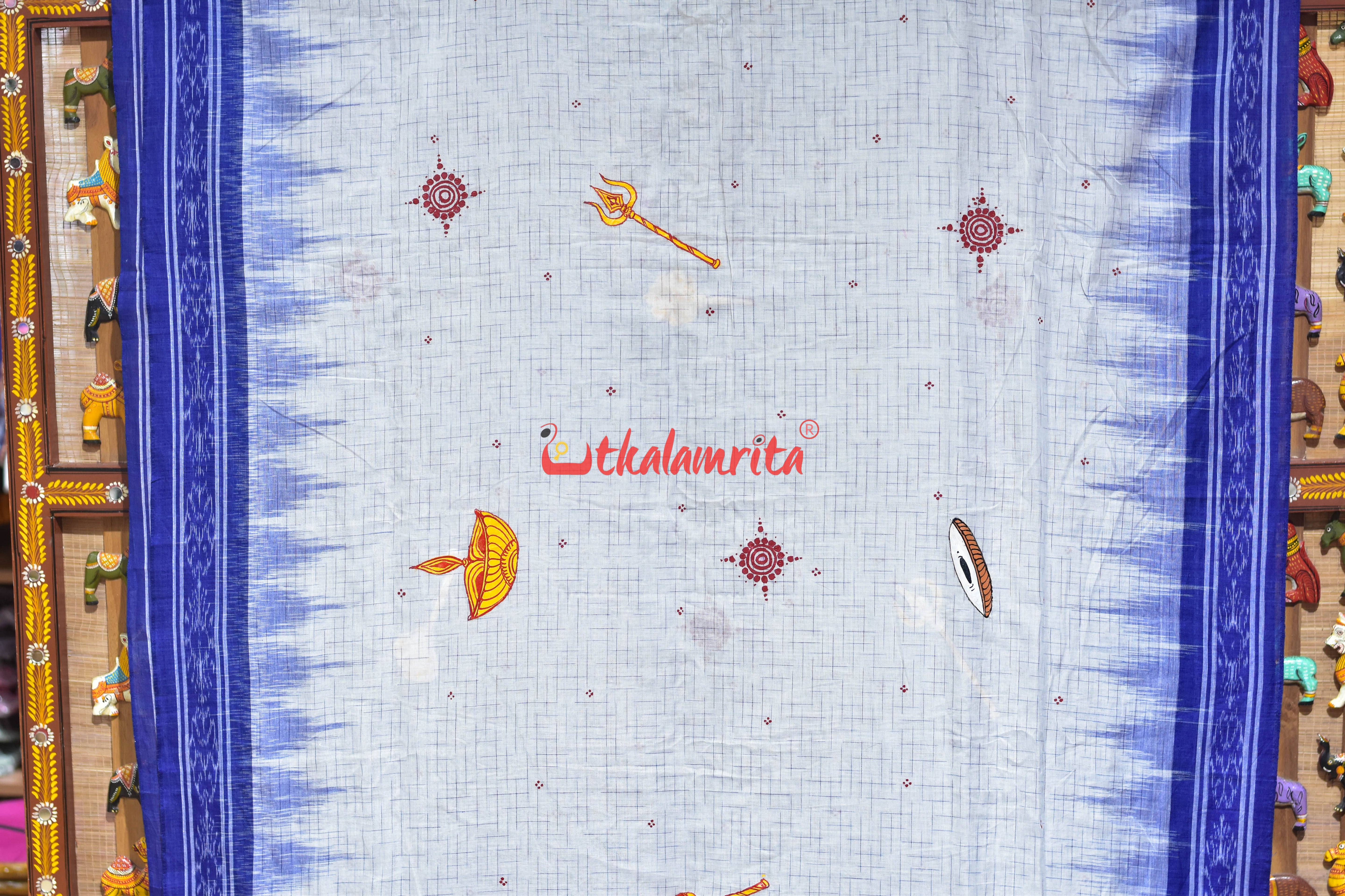 White Blue Jharana Durga Face Pattachitra Cotton Saree