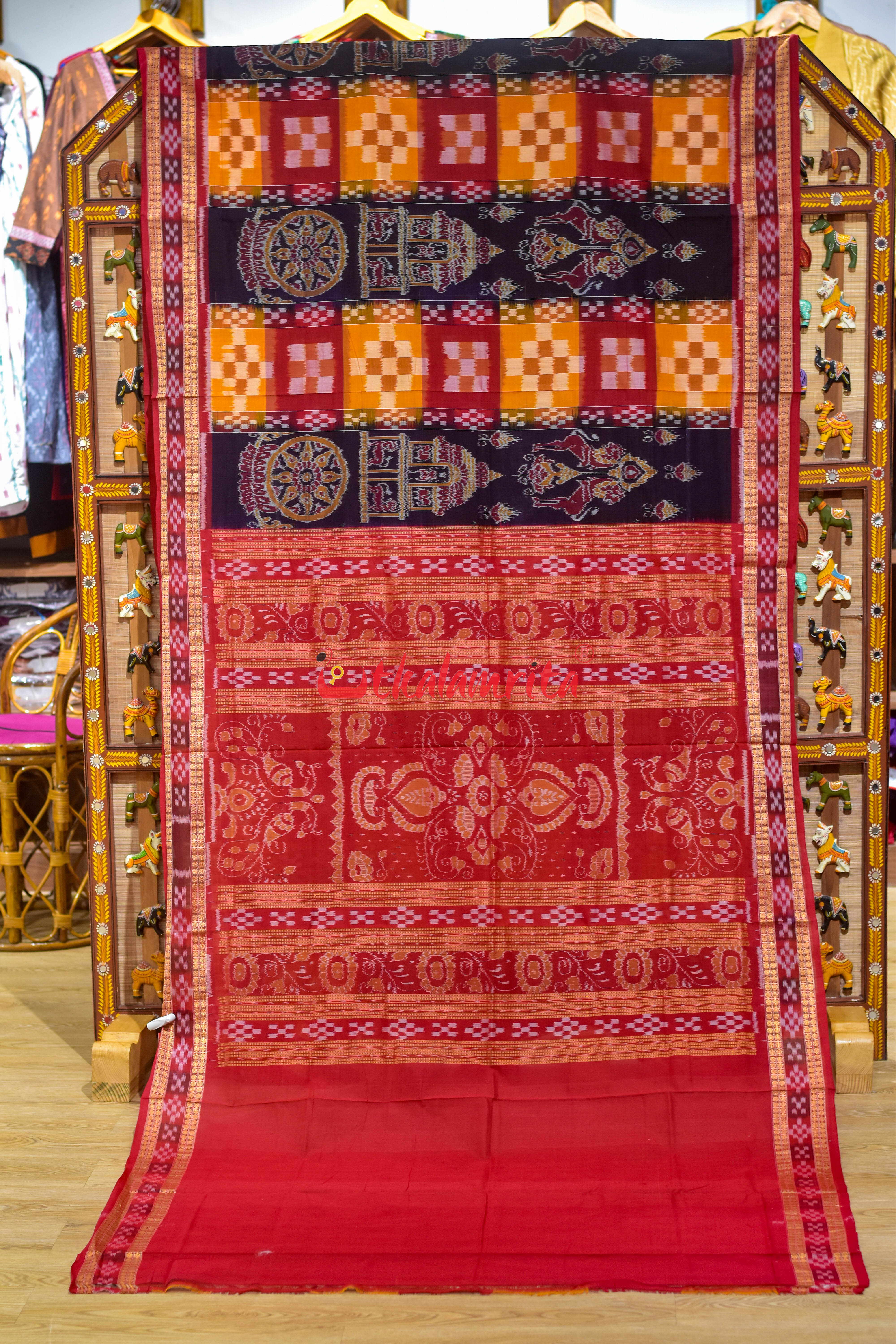 Black Red Konark Peri Peri Sambalpuri Cotton Saree