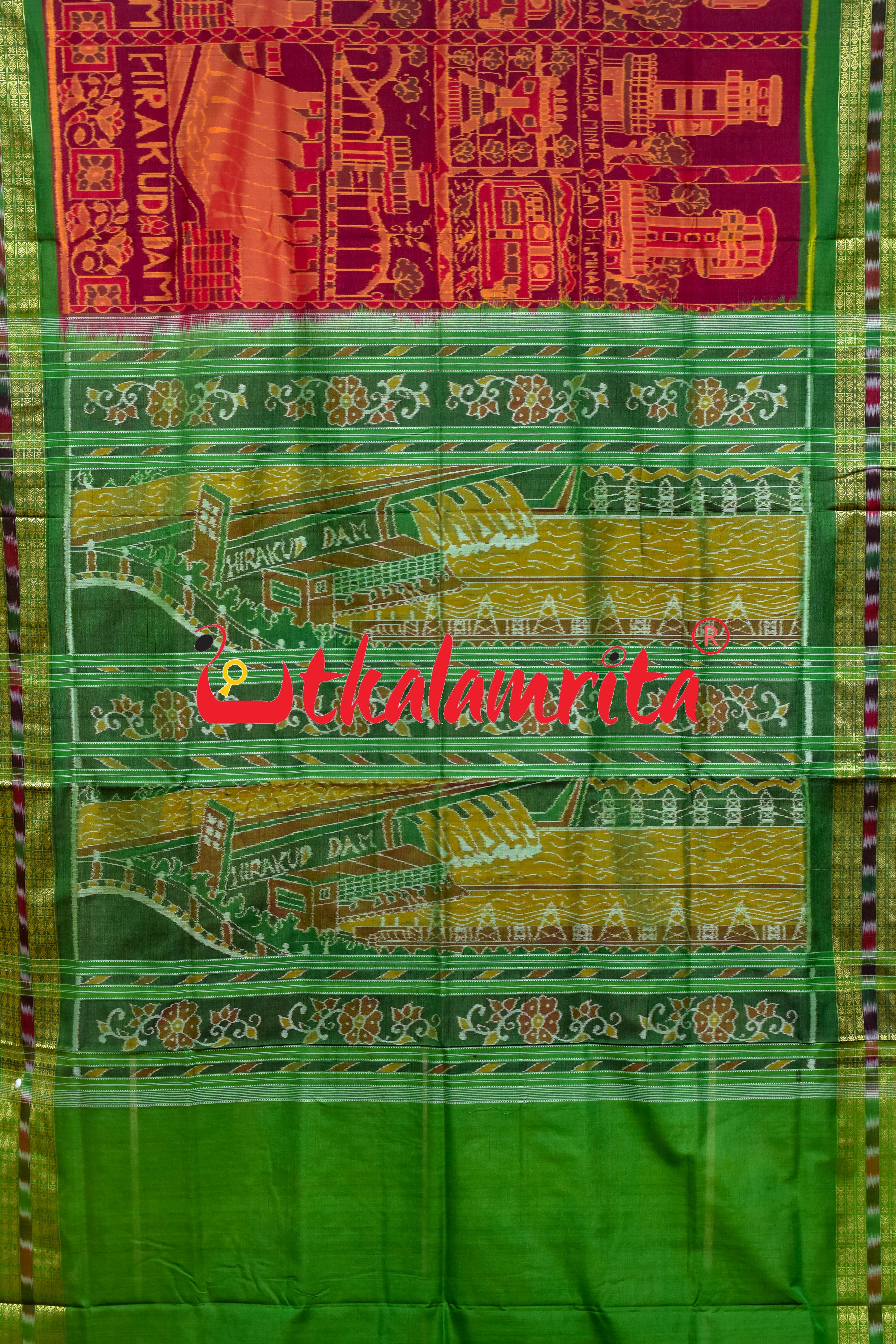 Red Green Hirakud Dam Theme Sambalpuri Cotton Saree