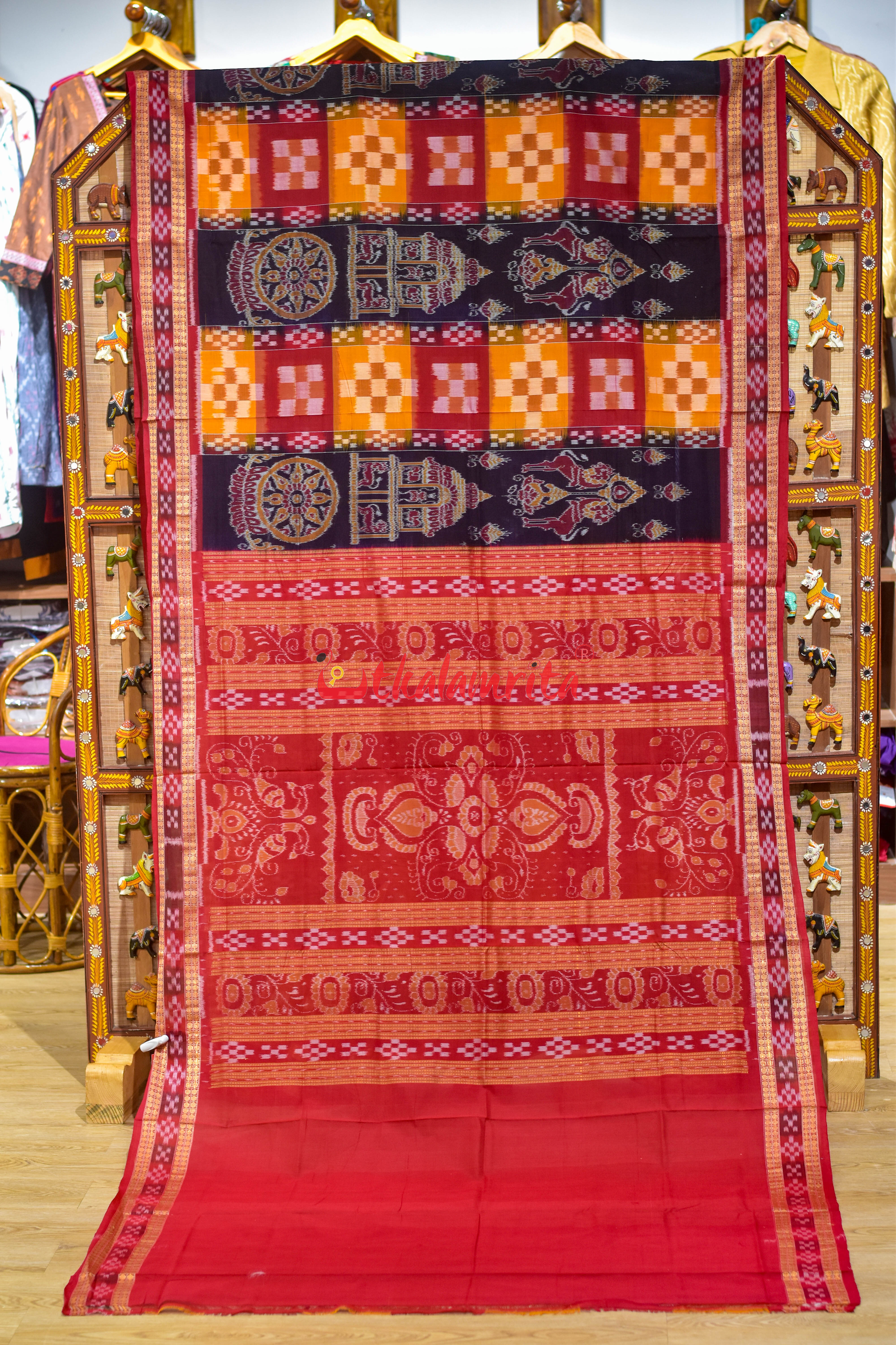 Black Red Konark Peri Peri Sambalpuri Cotton Saree