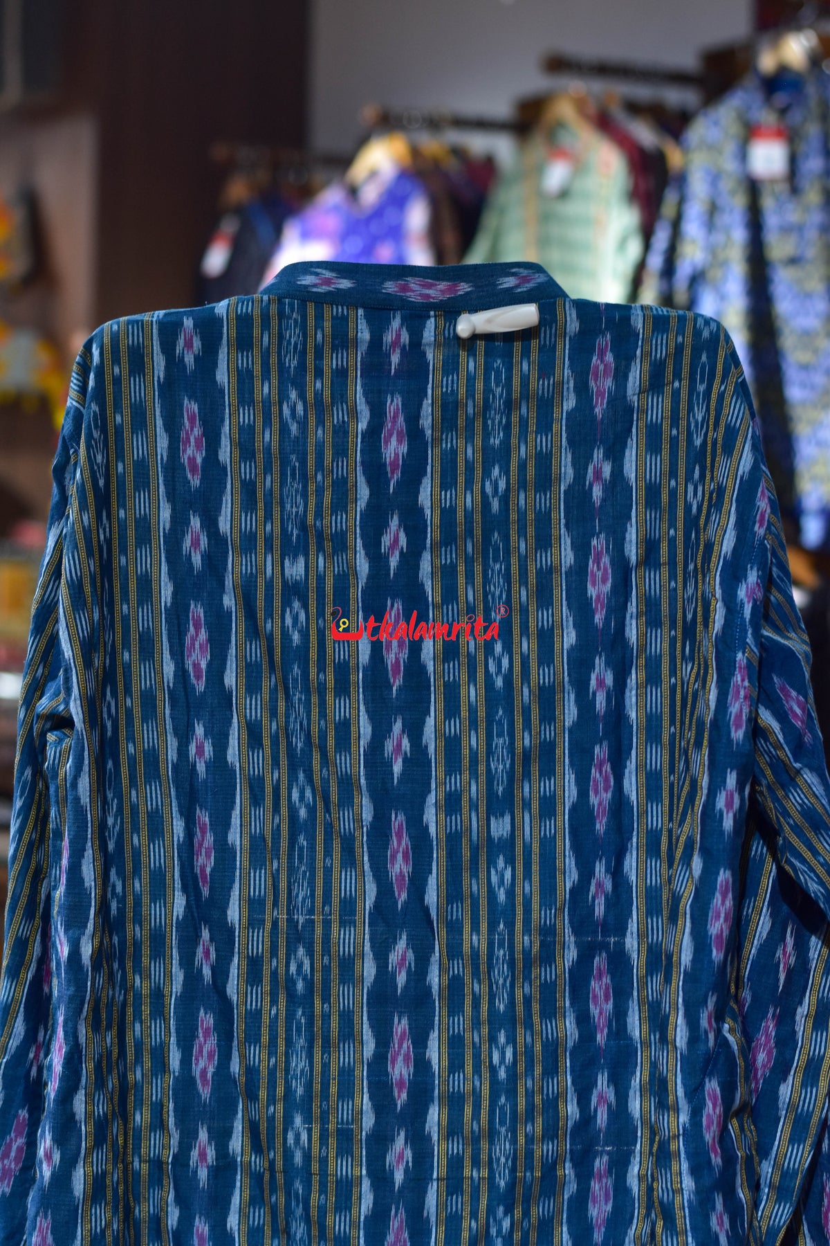 Teal Blue Red Flower Ikat (Men's Long Kurta)