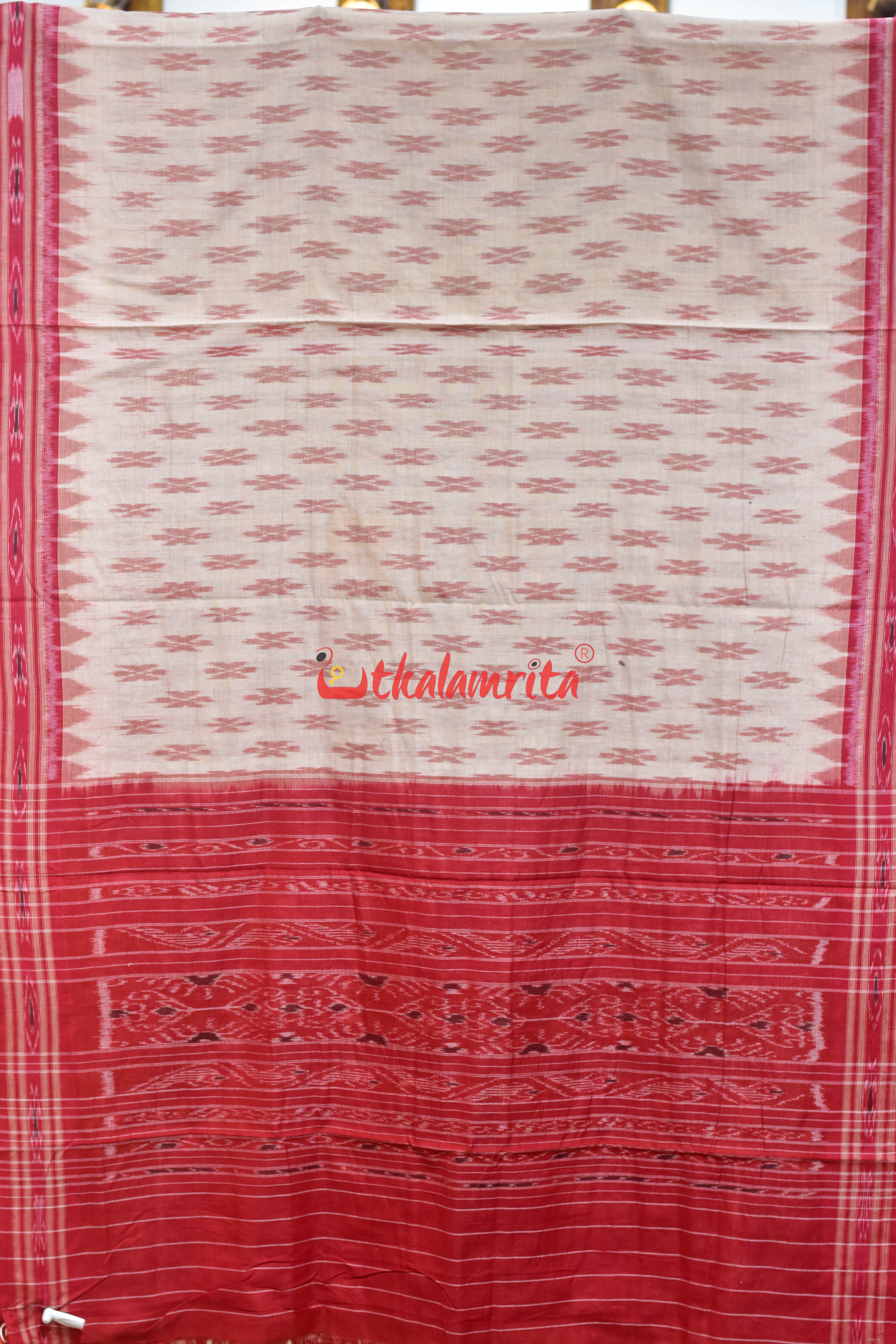 Offwhite Red Damru Khandua Cotton Saree