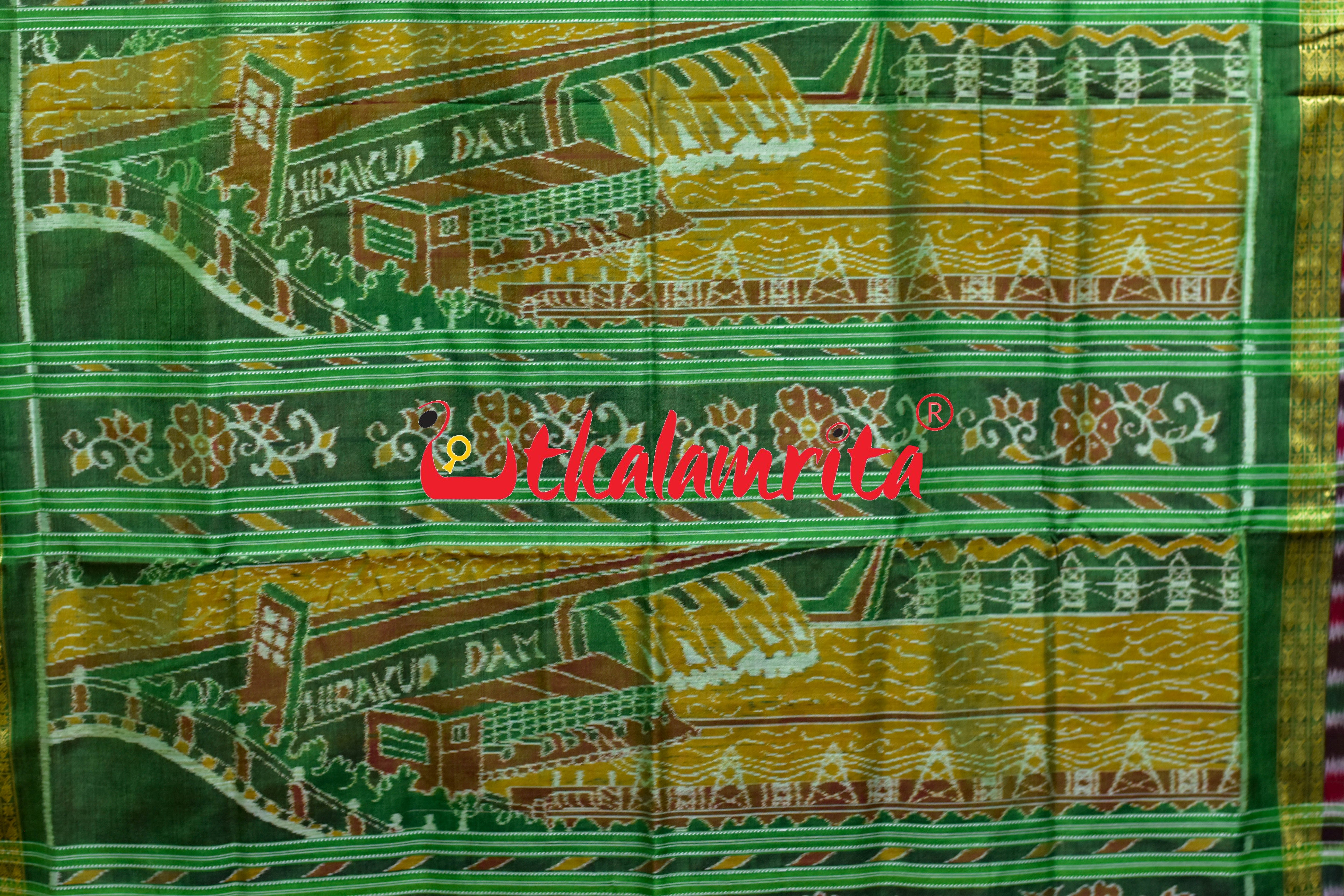 Red Green Hirakud Dam Theme Sambalpuri Cotton Saree