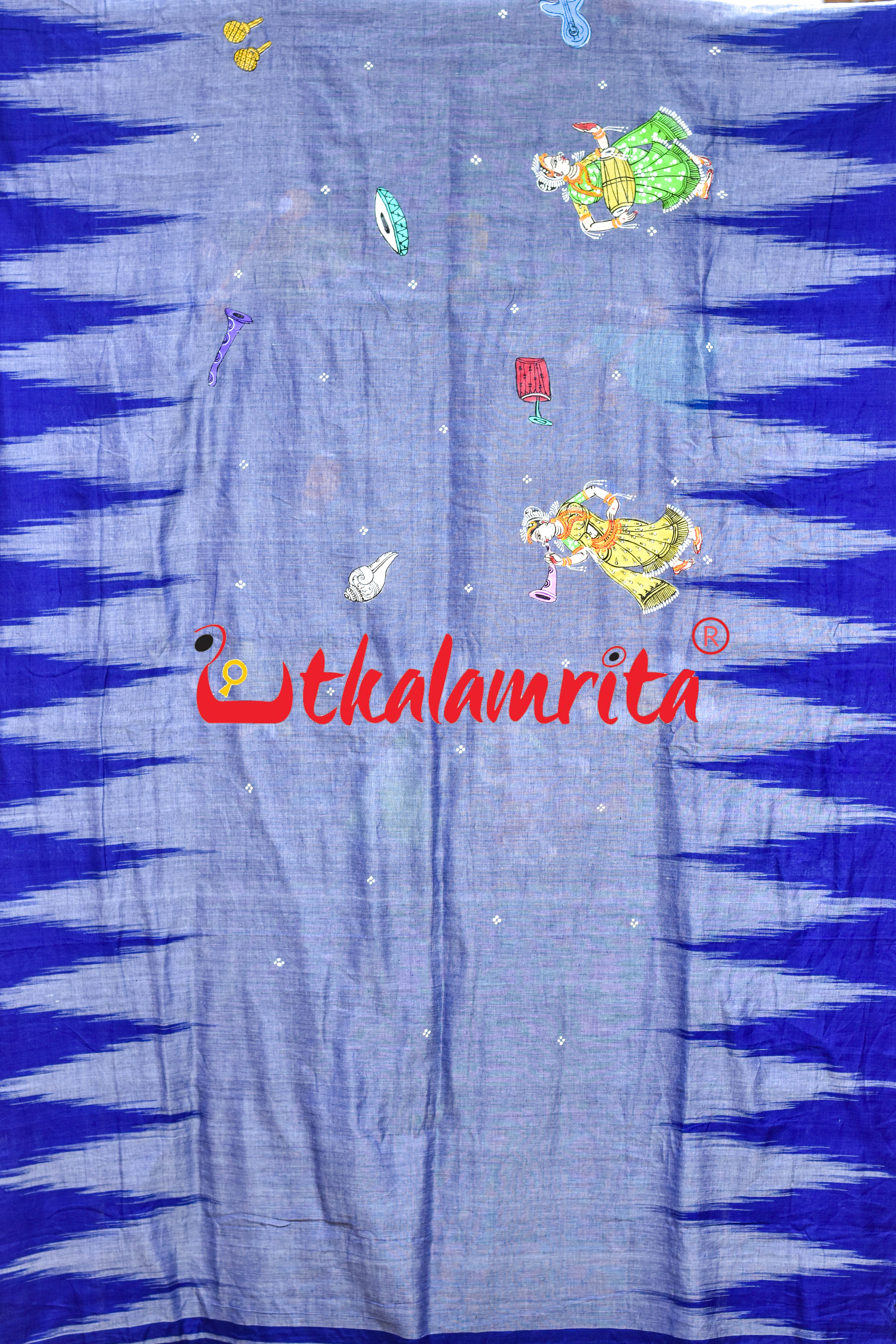 Grey Blue Kargil Musical Instruments Pattachitra Cotton Saree