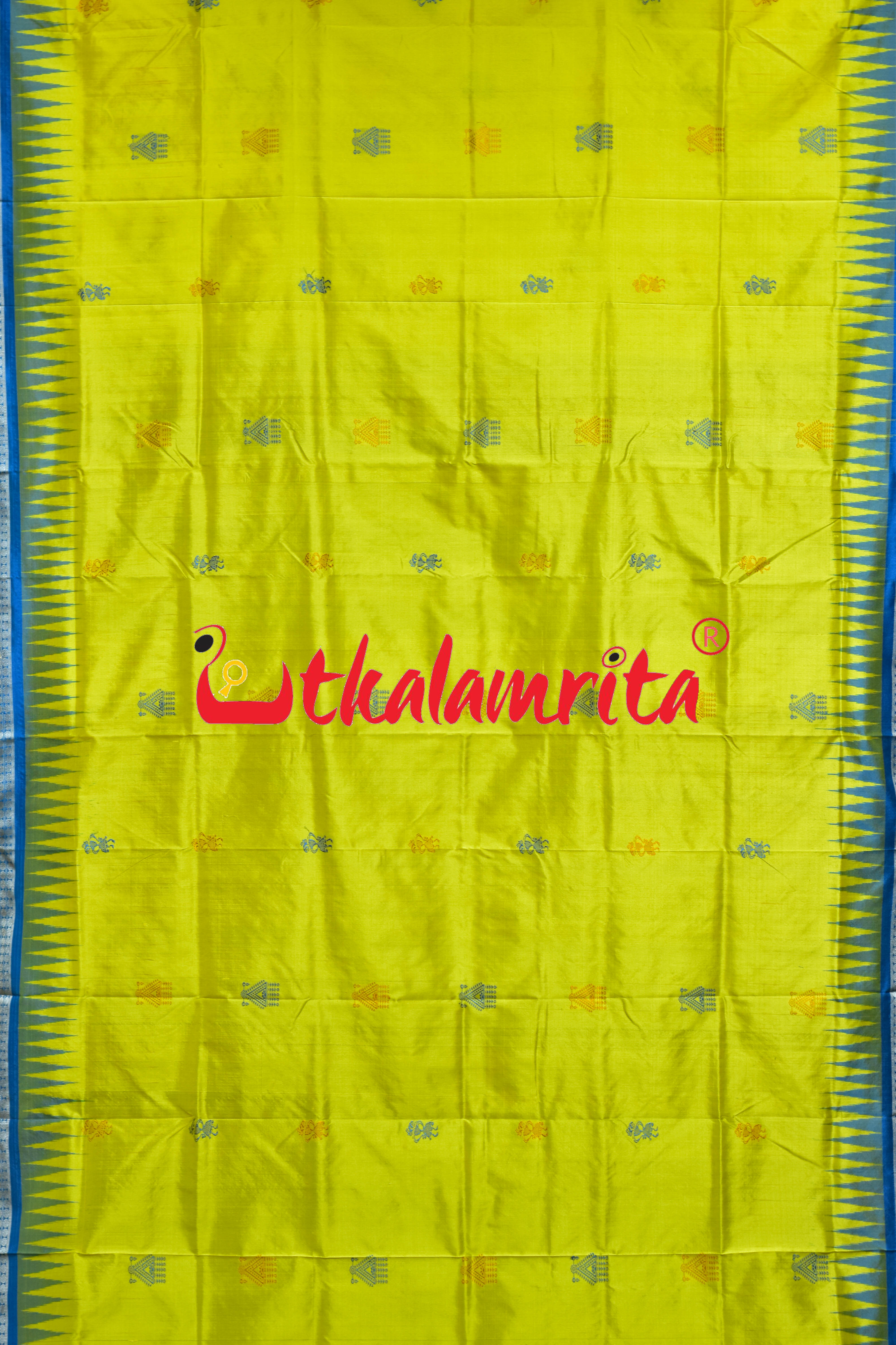 Lemon Yellow Blue Tribal Doll Bomkai Silk Saree