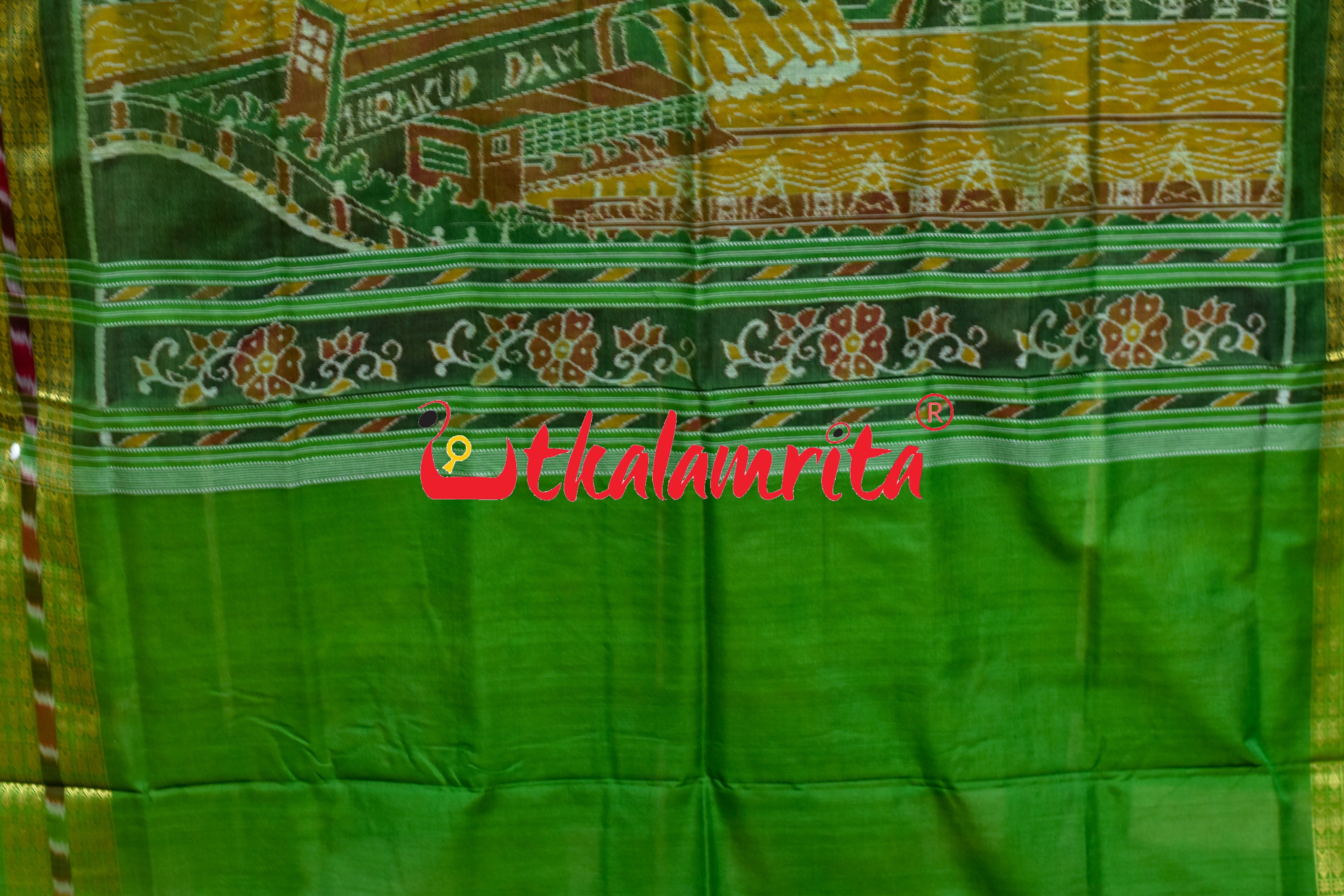 Red Green Hirakud Dam Theme Sambalpuri Cotton Saree