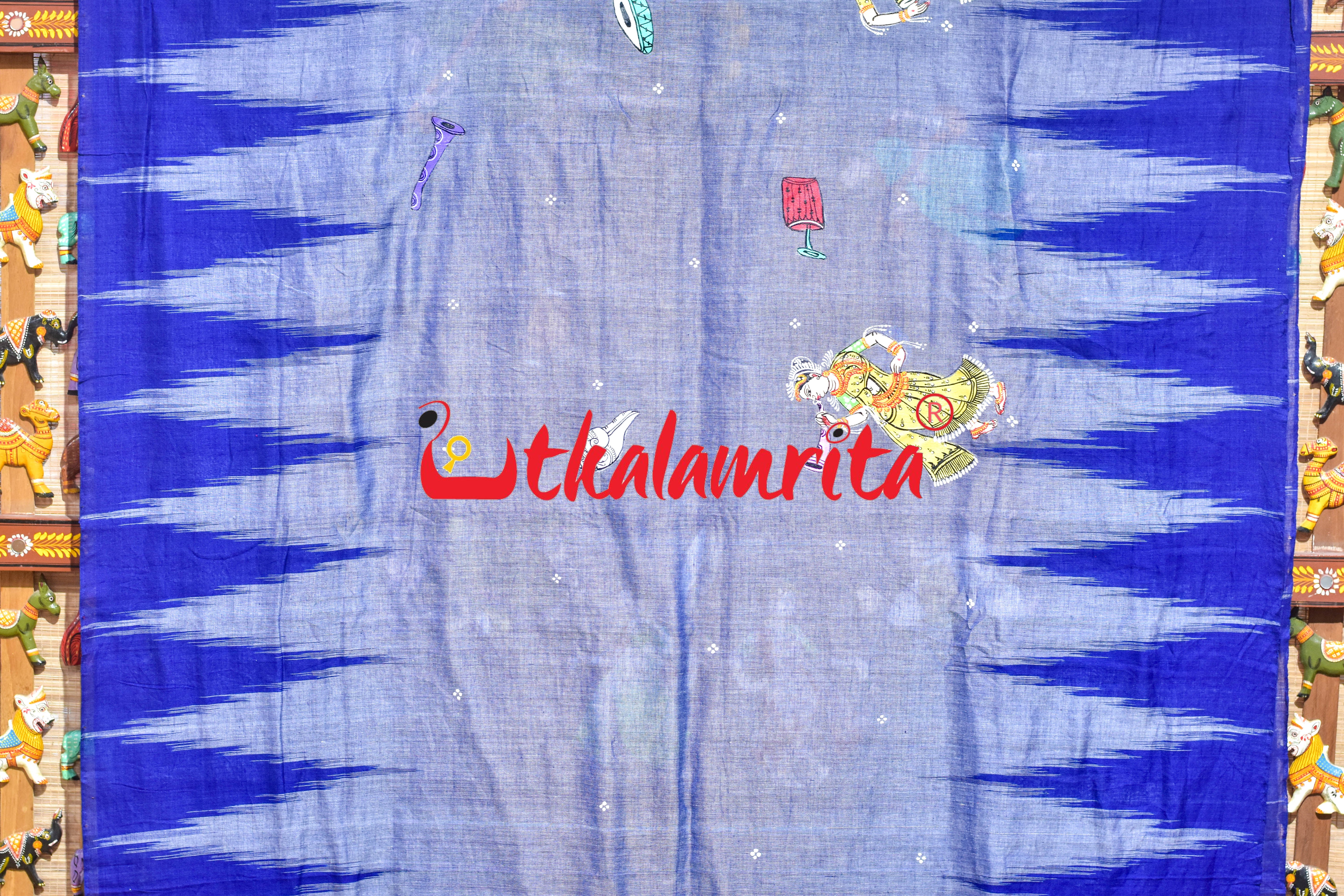 Grey Blue Kargil Musical Instruments Pattachitra Cotton Saree