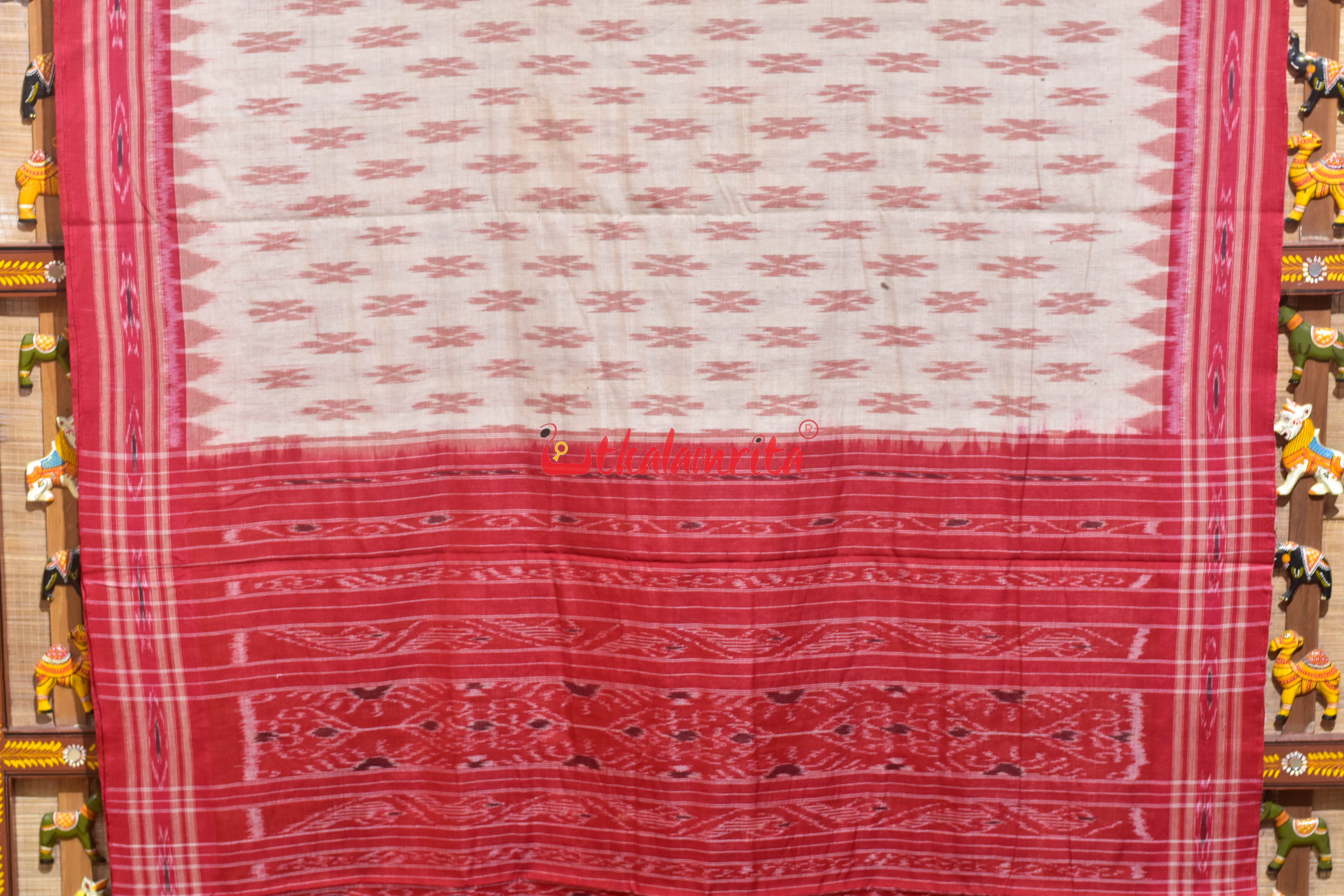 Offwhite Red Damru Khandua Cotton Saree