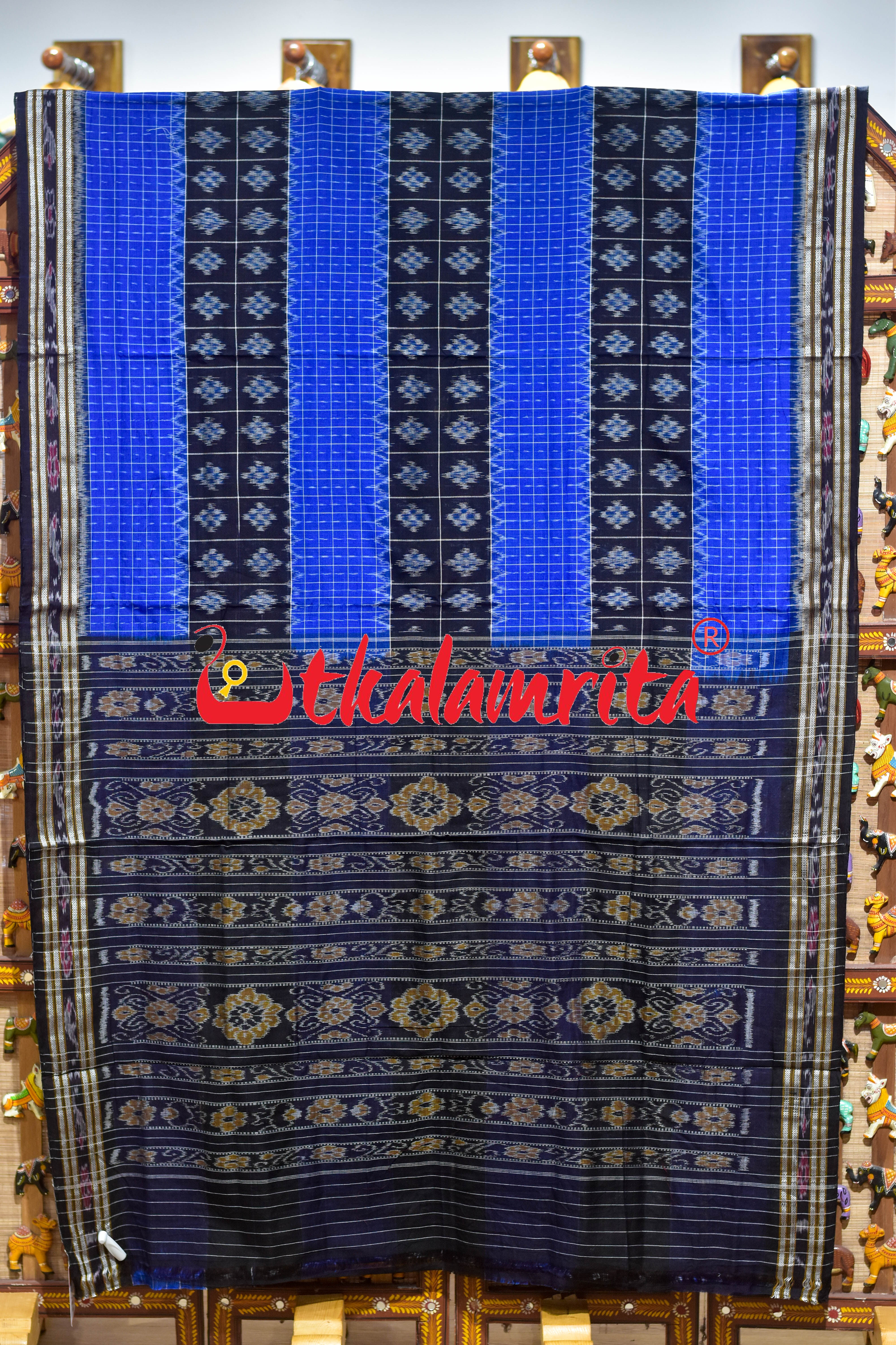 Blue Checks Black Middle Pasapali Khandua Cotton Saree