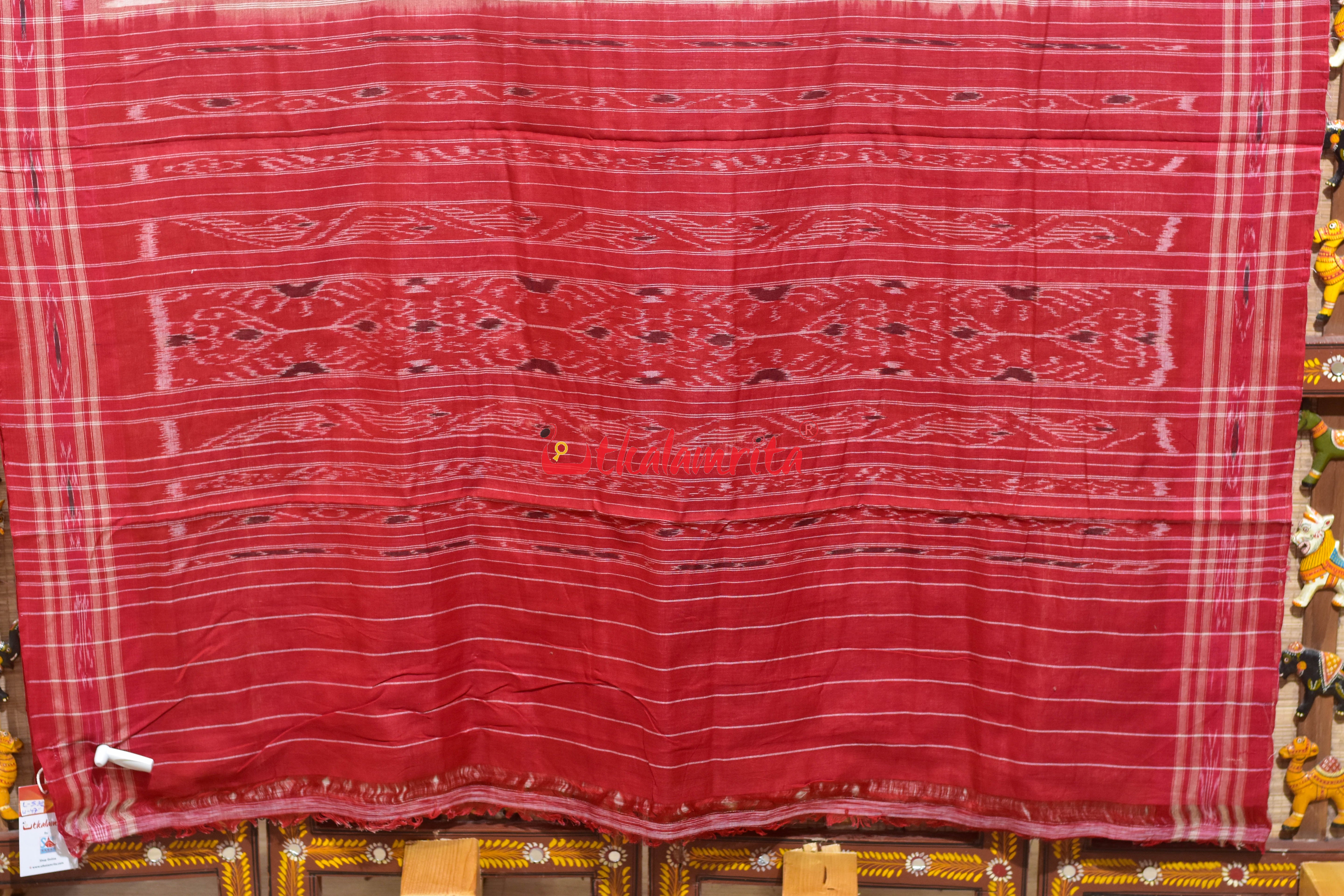Offwhite Red Damru Khandua Cotton Saree