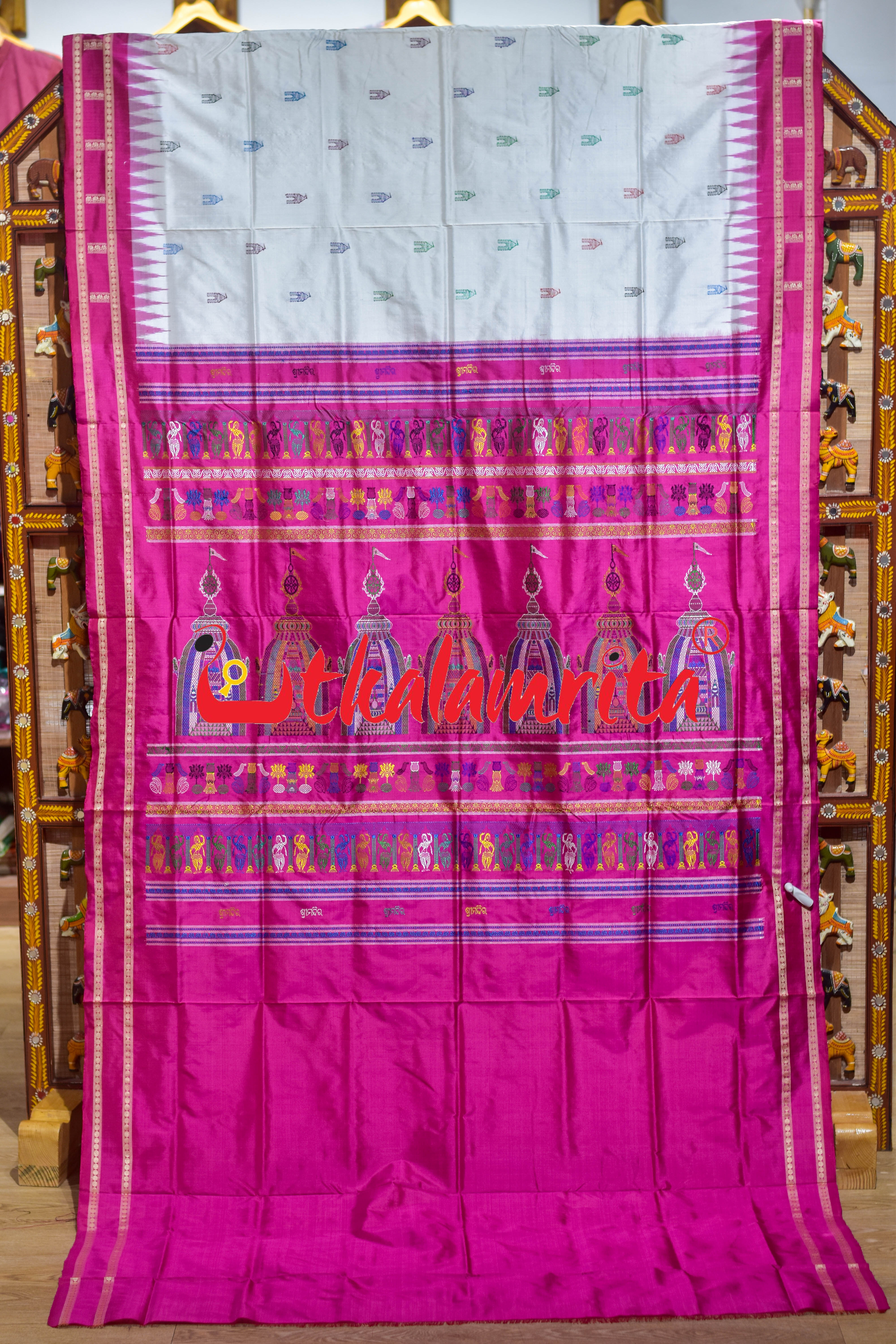 White Rani Pink Srimandira Bomkai Silk Saree