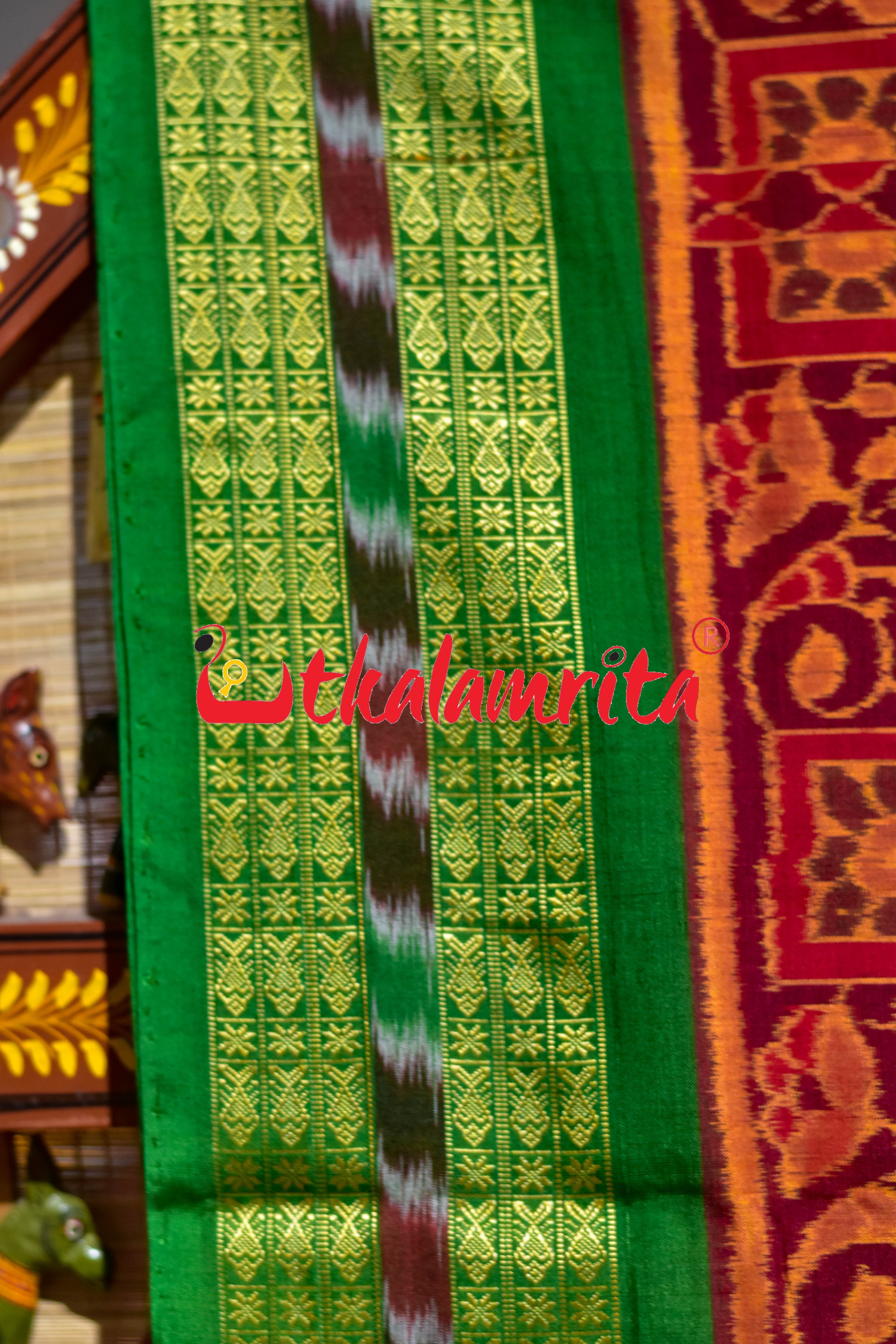 Red Green Hirakud Dam Theme Sambalpuri Cotton Saree