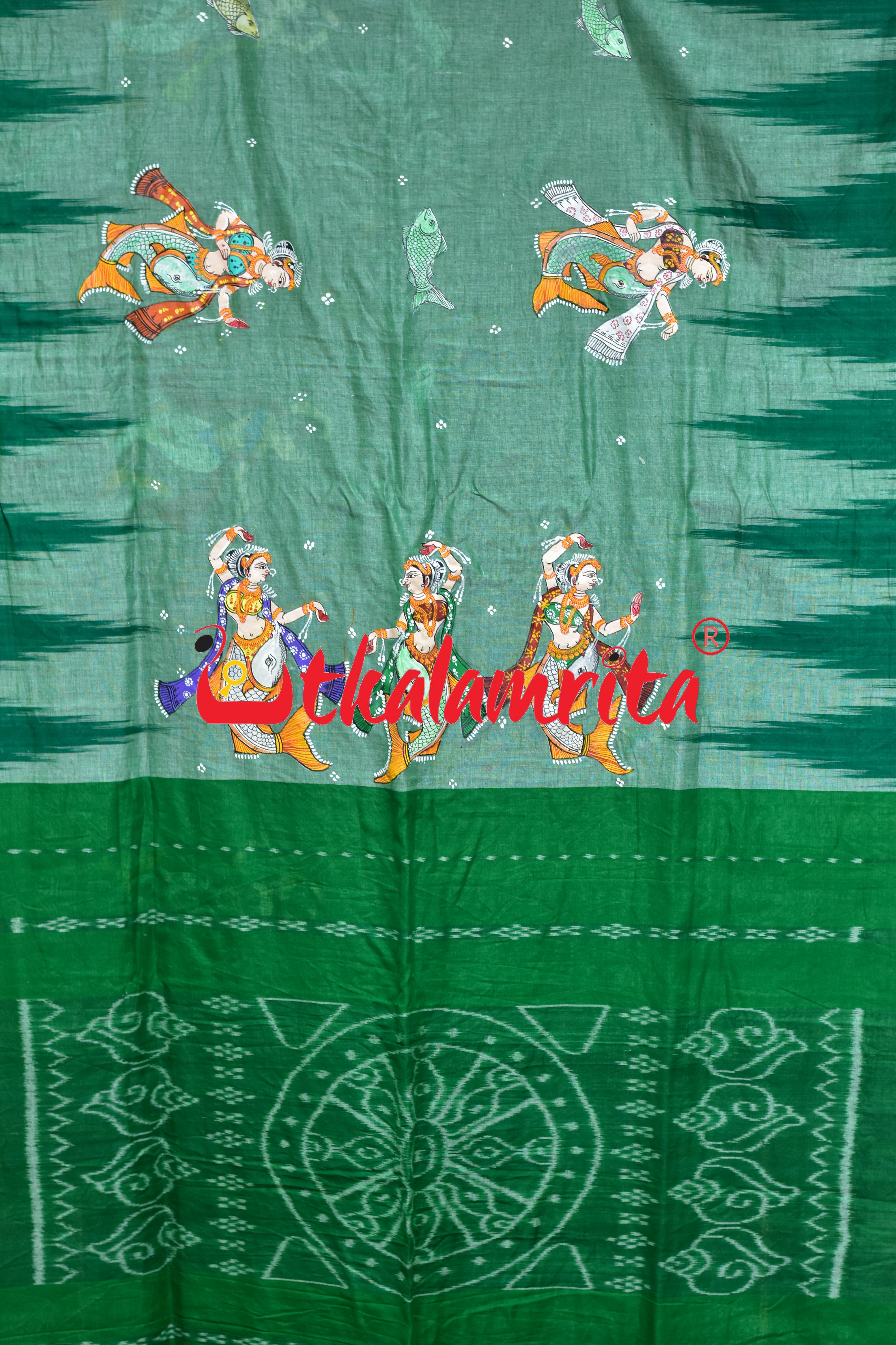 Green Kargil Maschya Kanya Pattachitra Cotton Saree