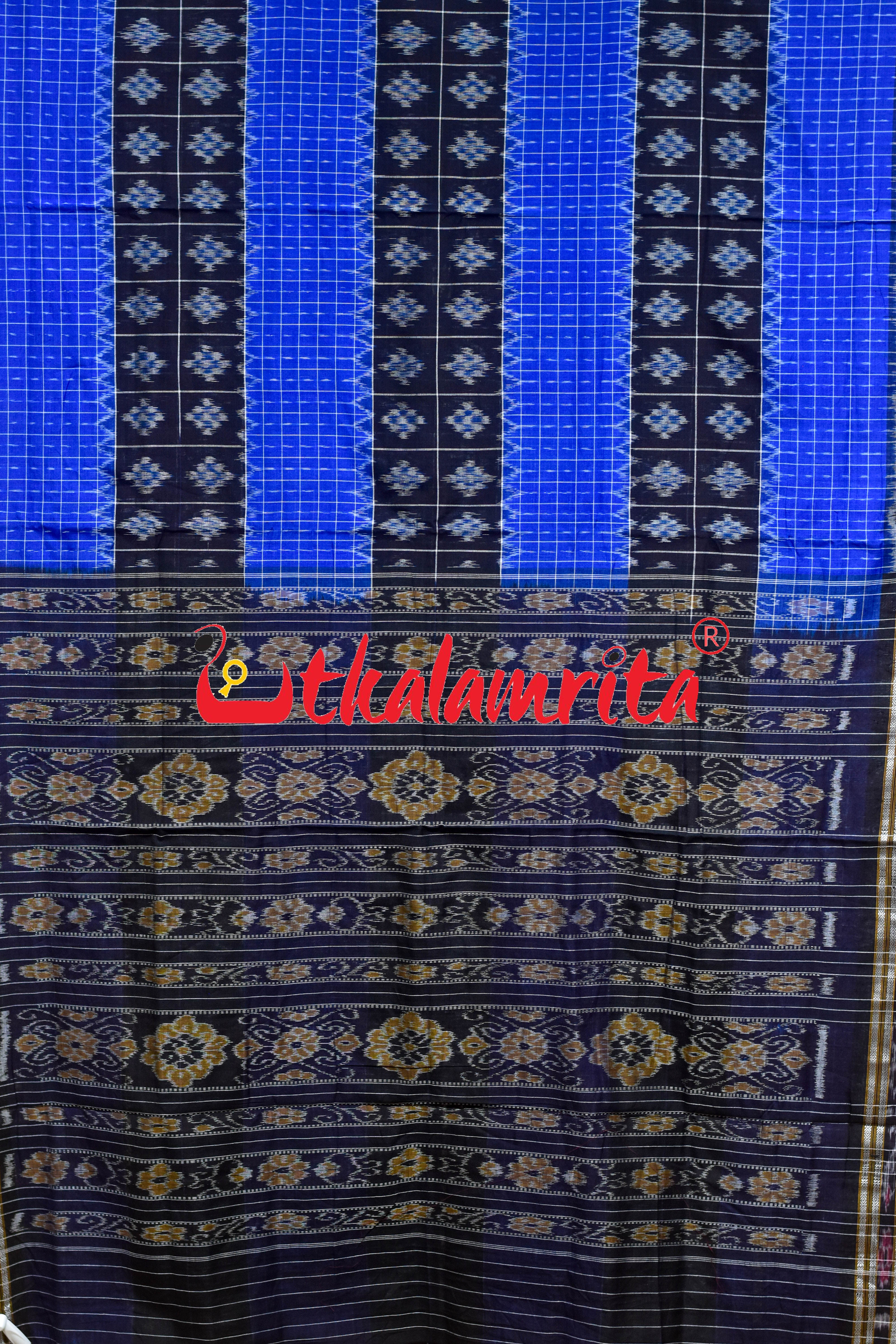 Blue Checks Black Middle Pasapali Khandua Cotton Saree