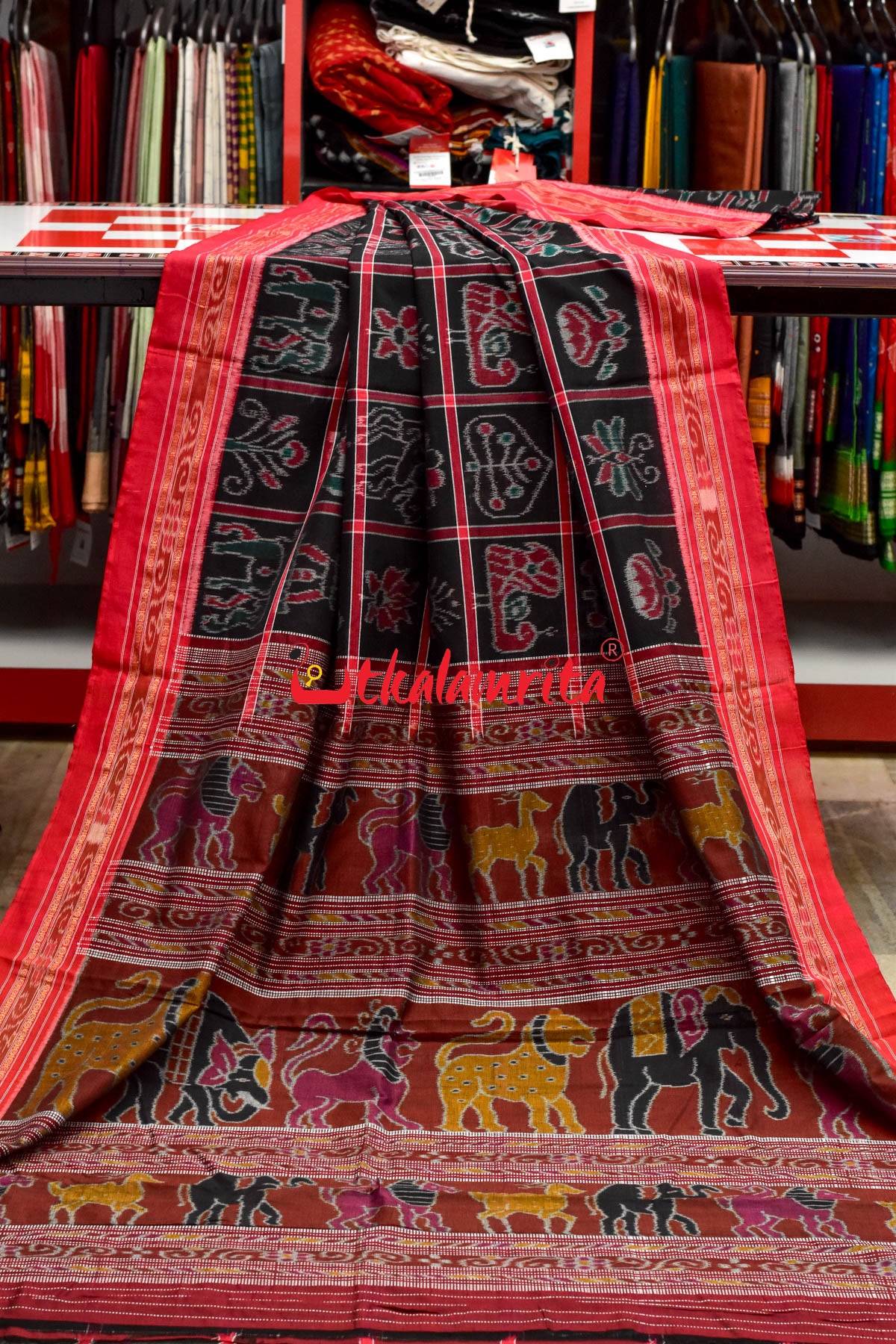 Black Red and Green Combo Nabakothi Cotton Saree
