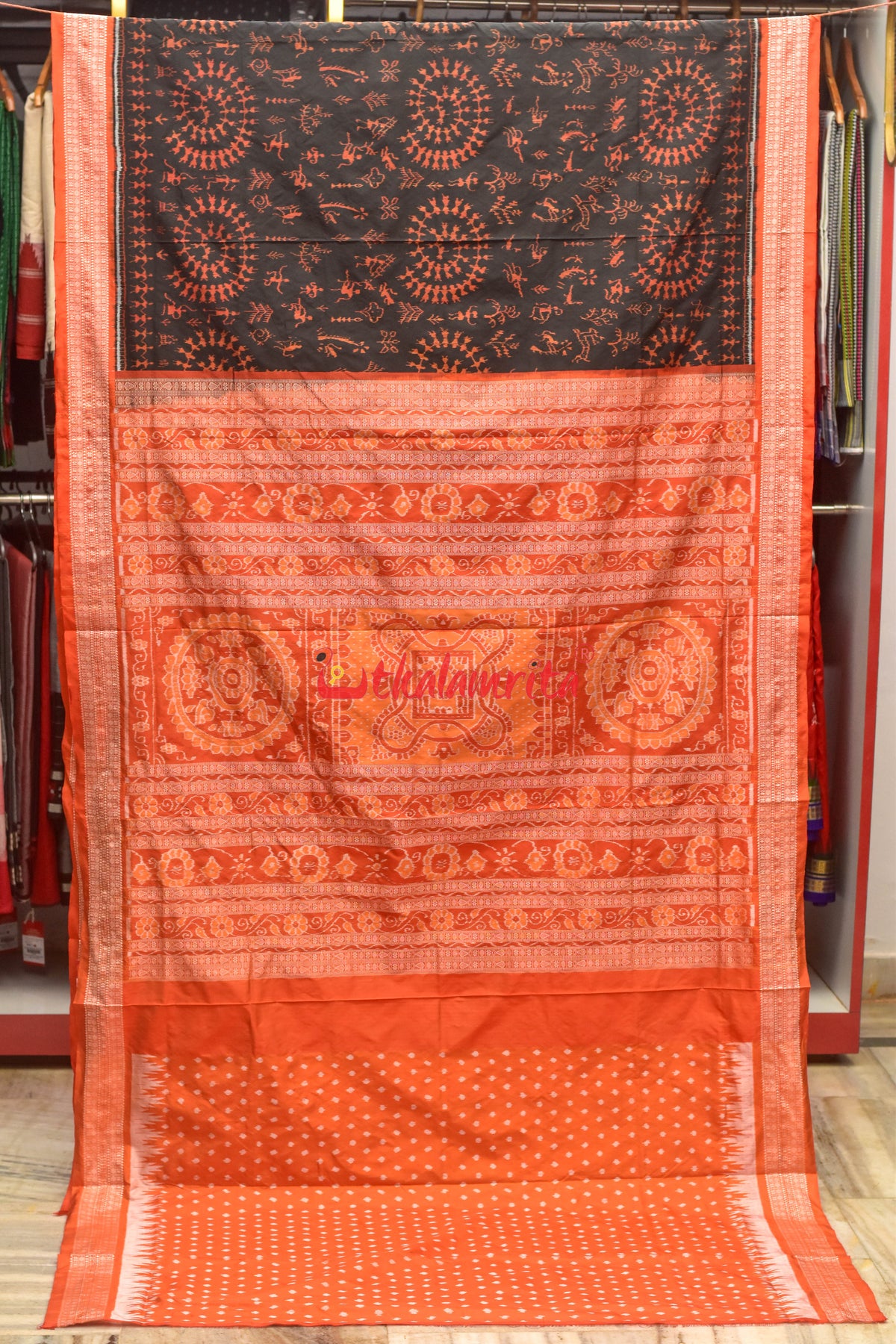 Black Orange Tribals Sambalpuri Silk Saree