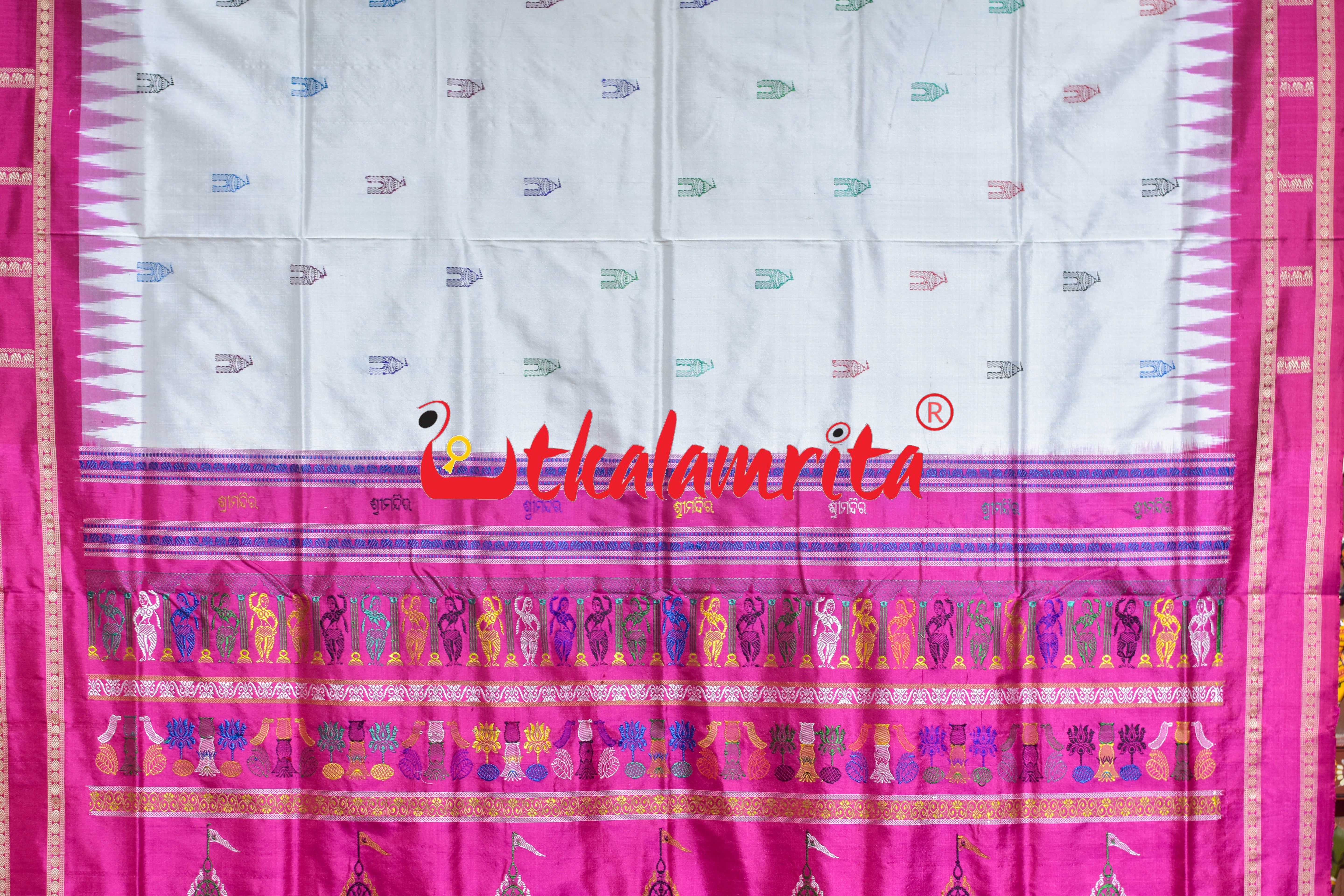 White Rani Pink Srimandira Bomkai Silk Saree