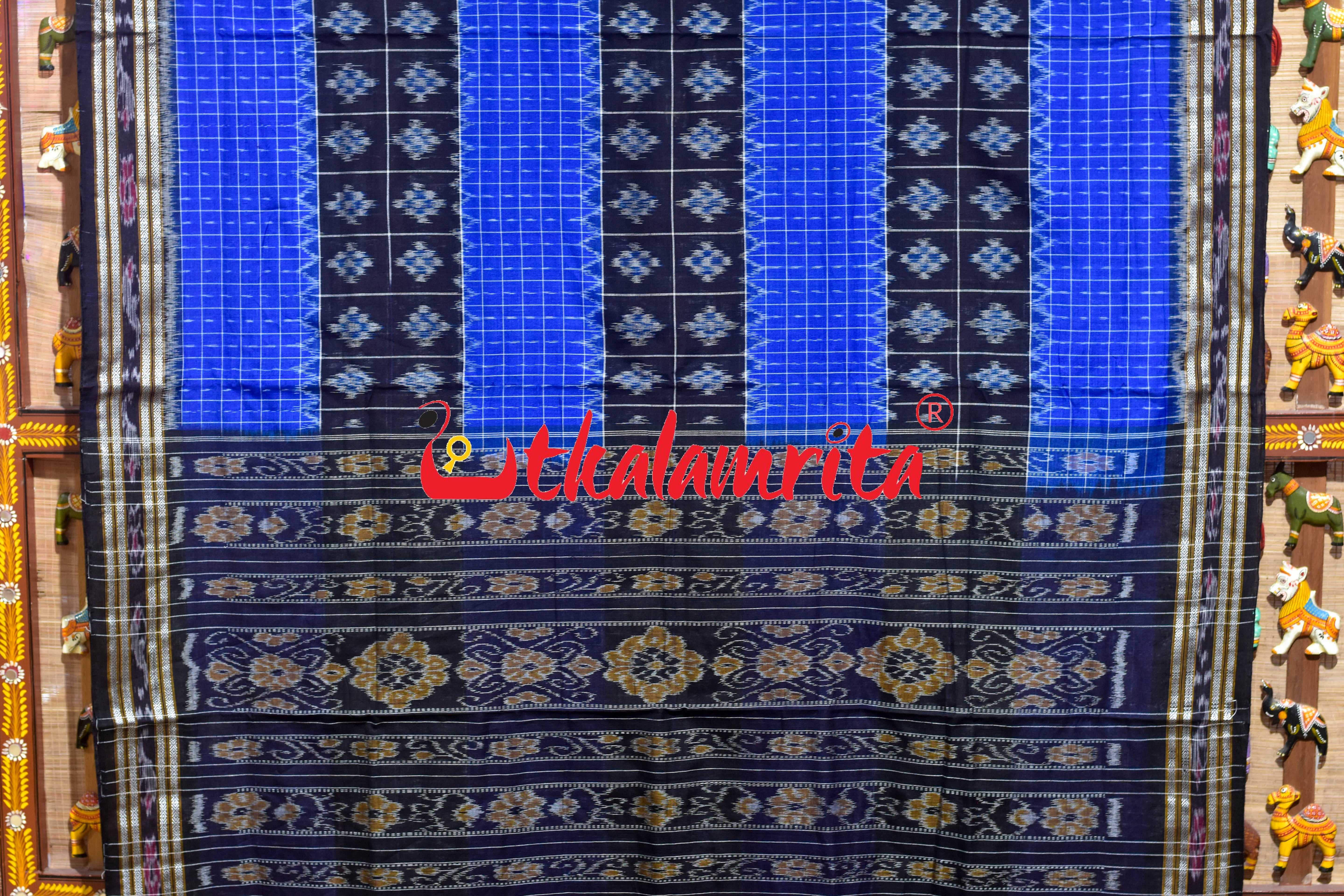 Blue Checks Black Middle Pasapali Khandua Cotton Saree