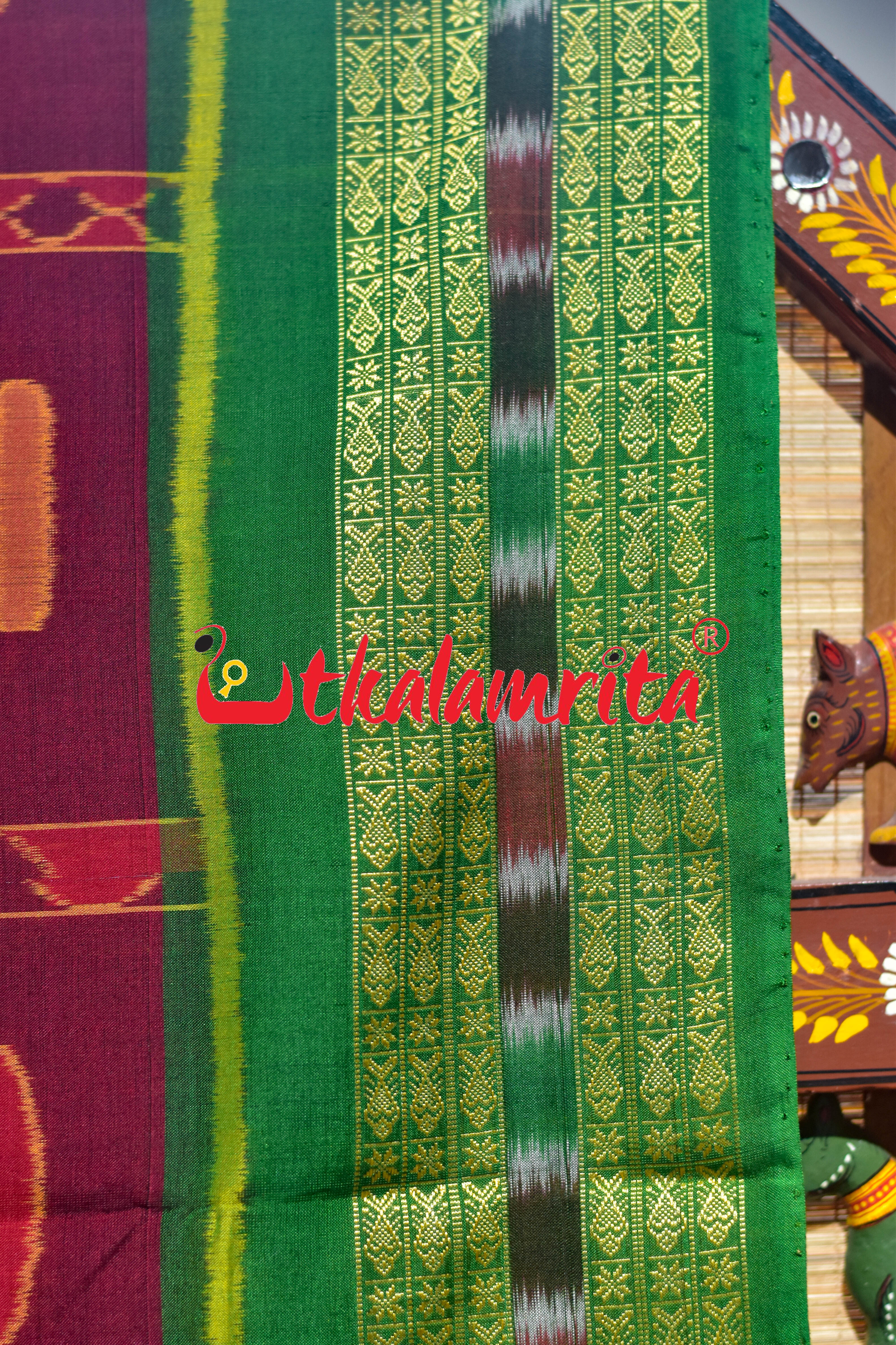 Red Green Hirakud Dam Theme Sambalpuri Cotton Saree