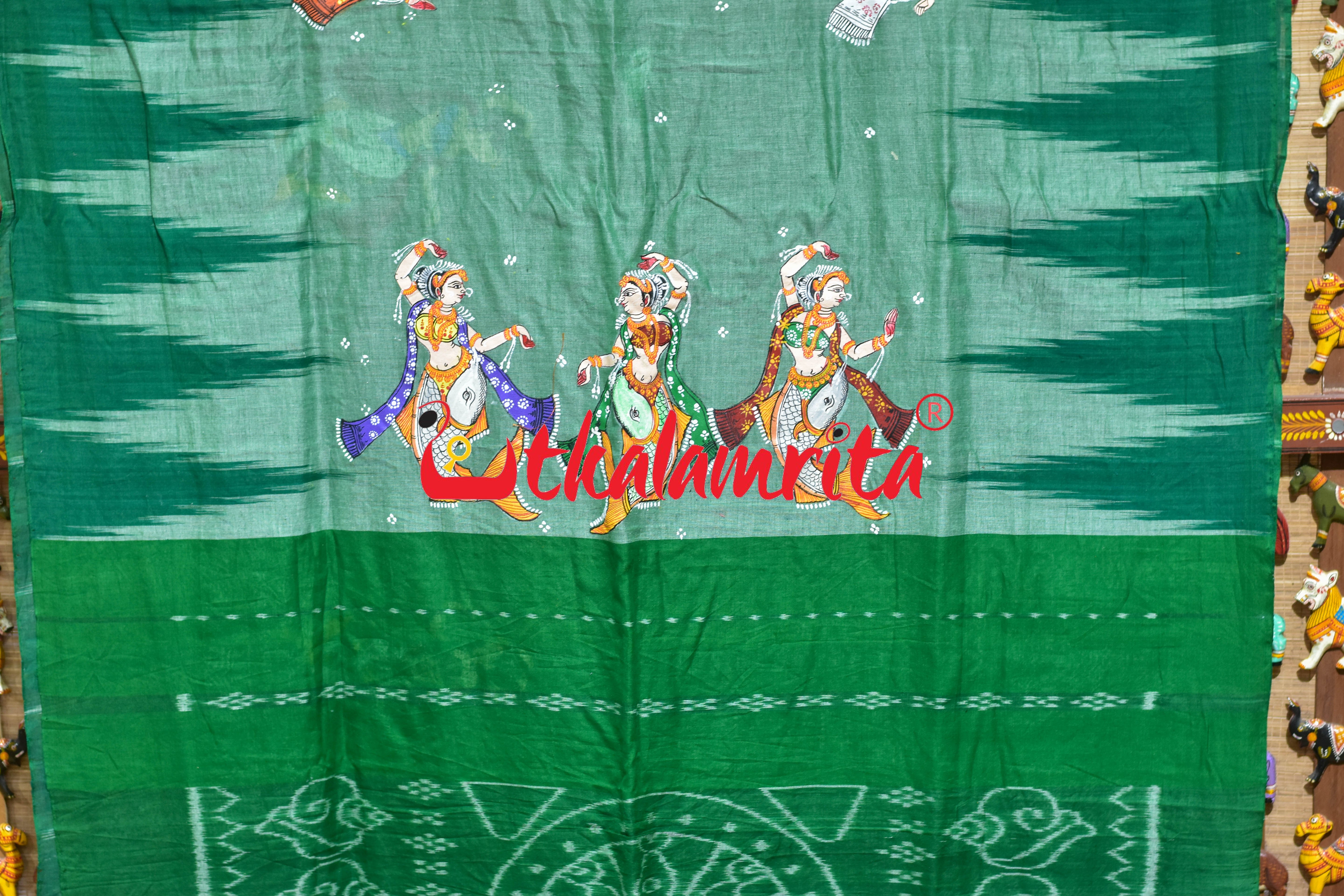 Green Kargil Maschya Kanya Pattachitra Cotton Saree