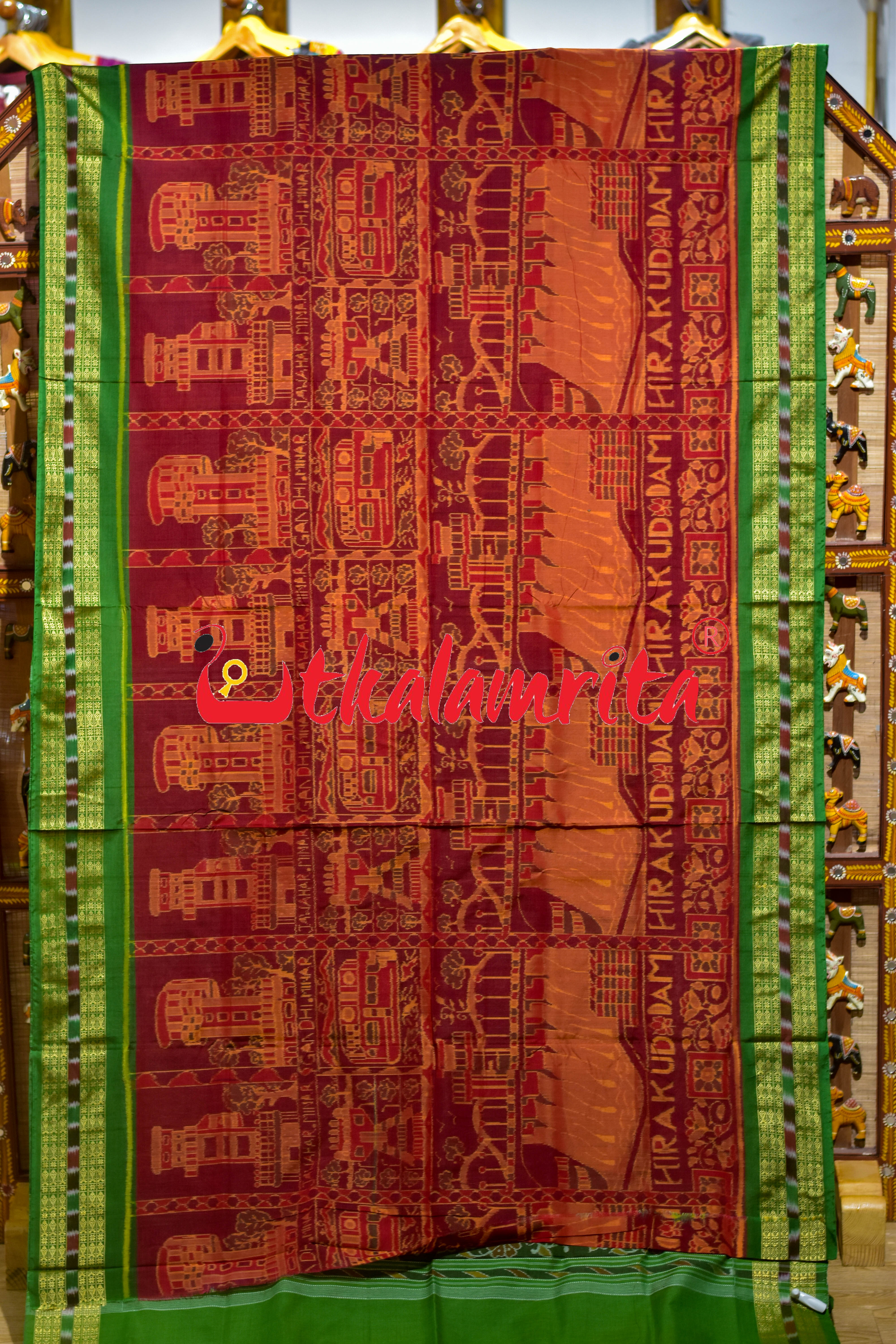 Red Green Hirakud Dam Theme Sambalpuri Cotton Saree