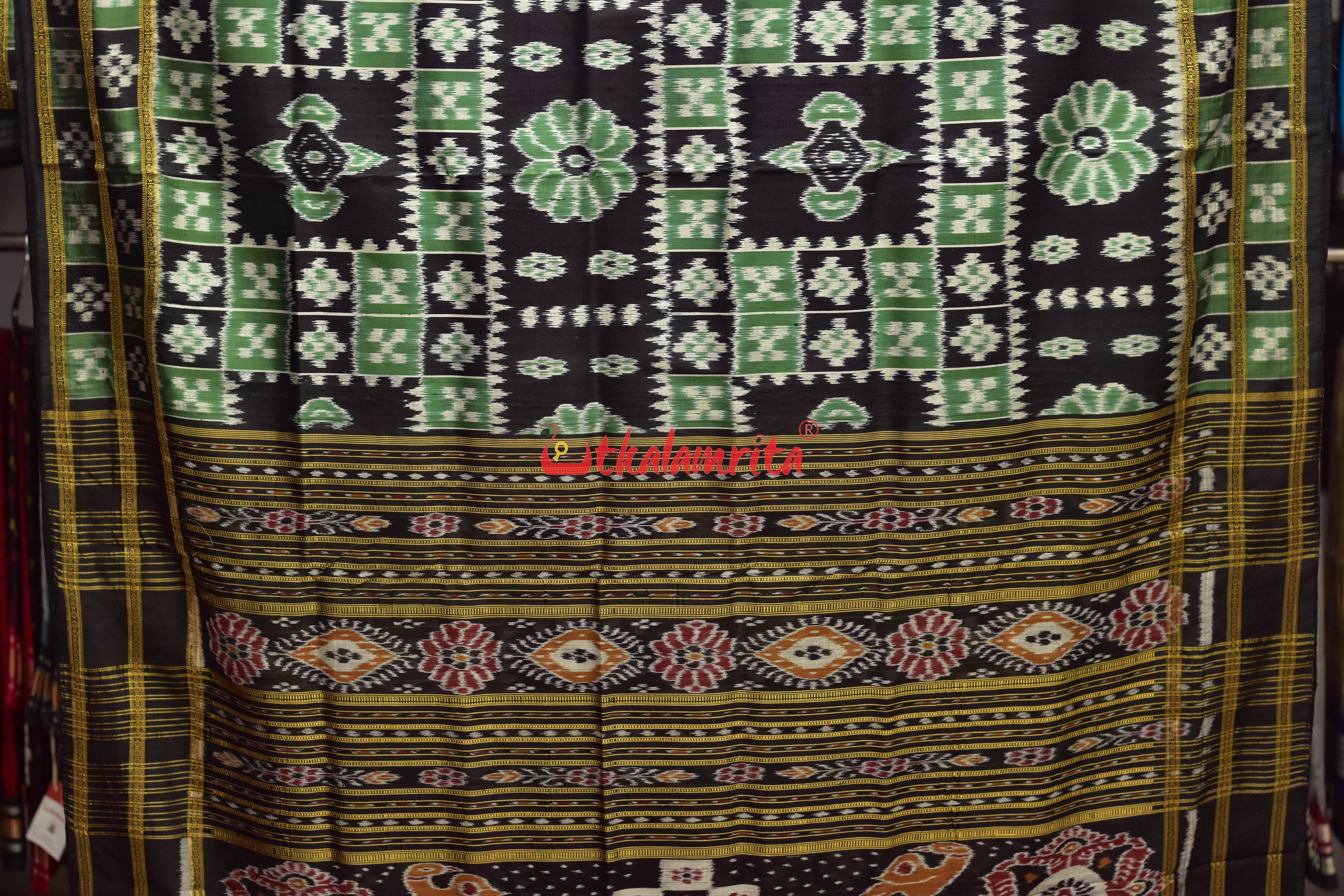 Green Black Flower Bandha Khandua Silk Saree