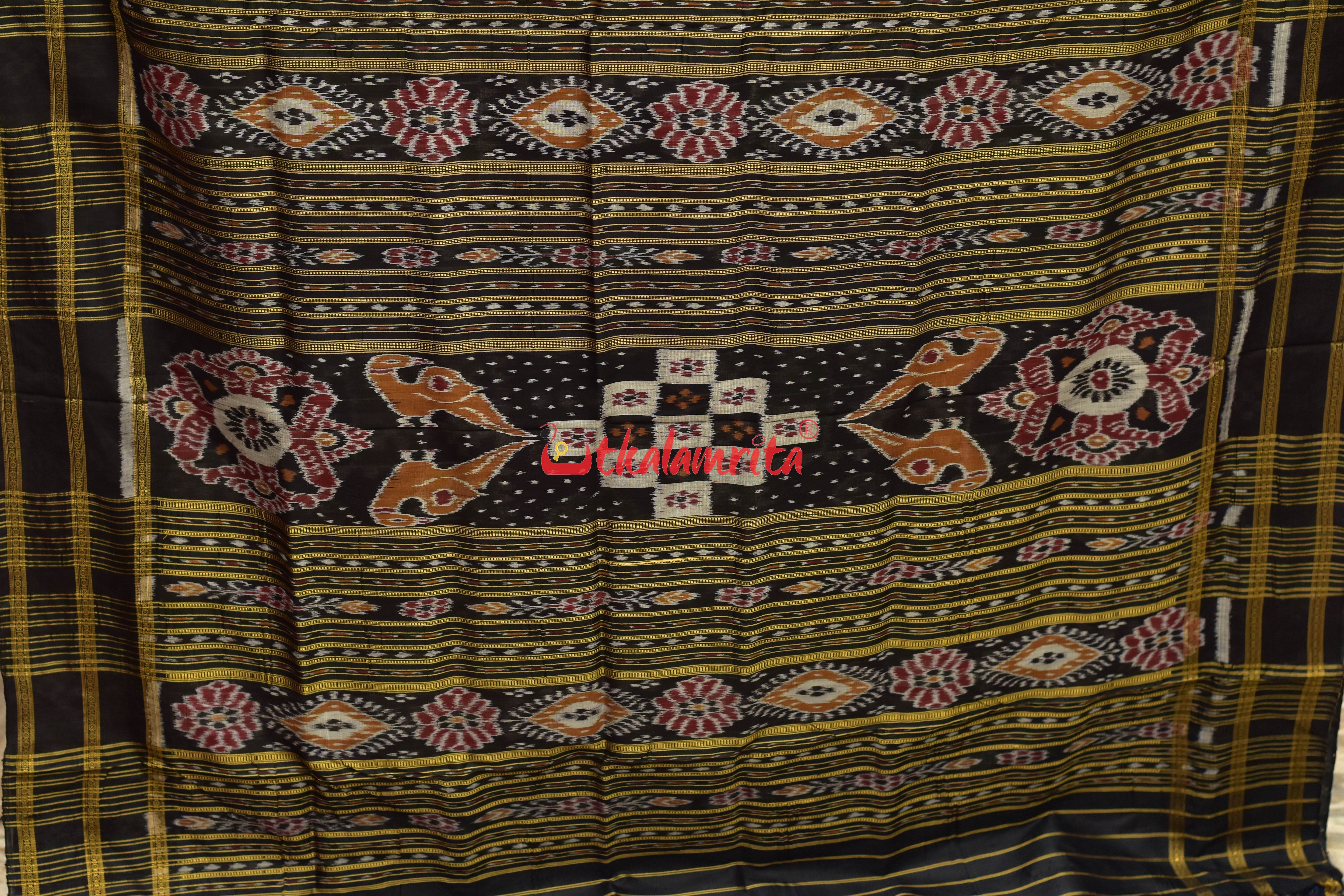 Green Black Flower Bandha Khandua Silk Saree