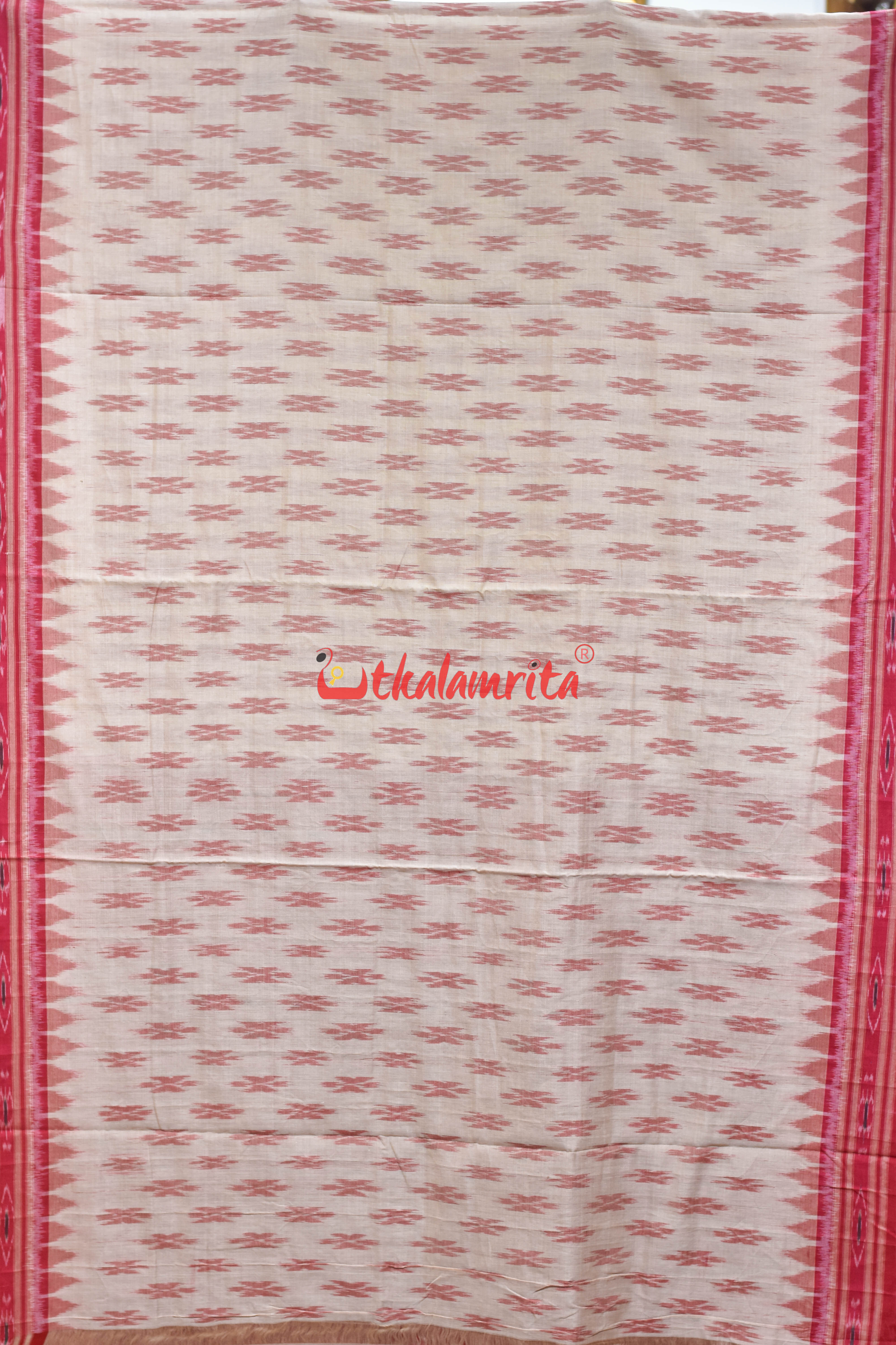 Offwhite Red Damru Khandua Cotton Saree