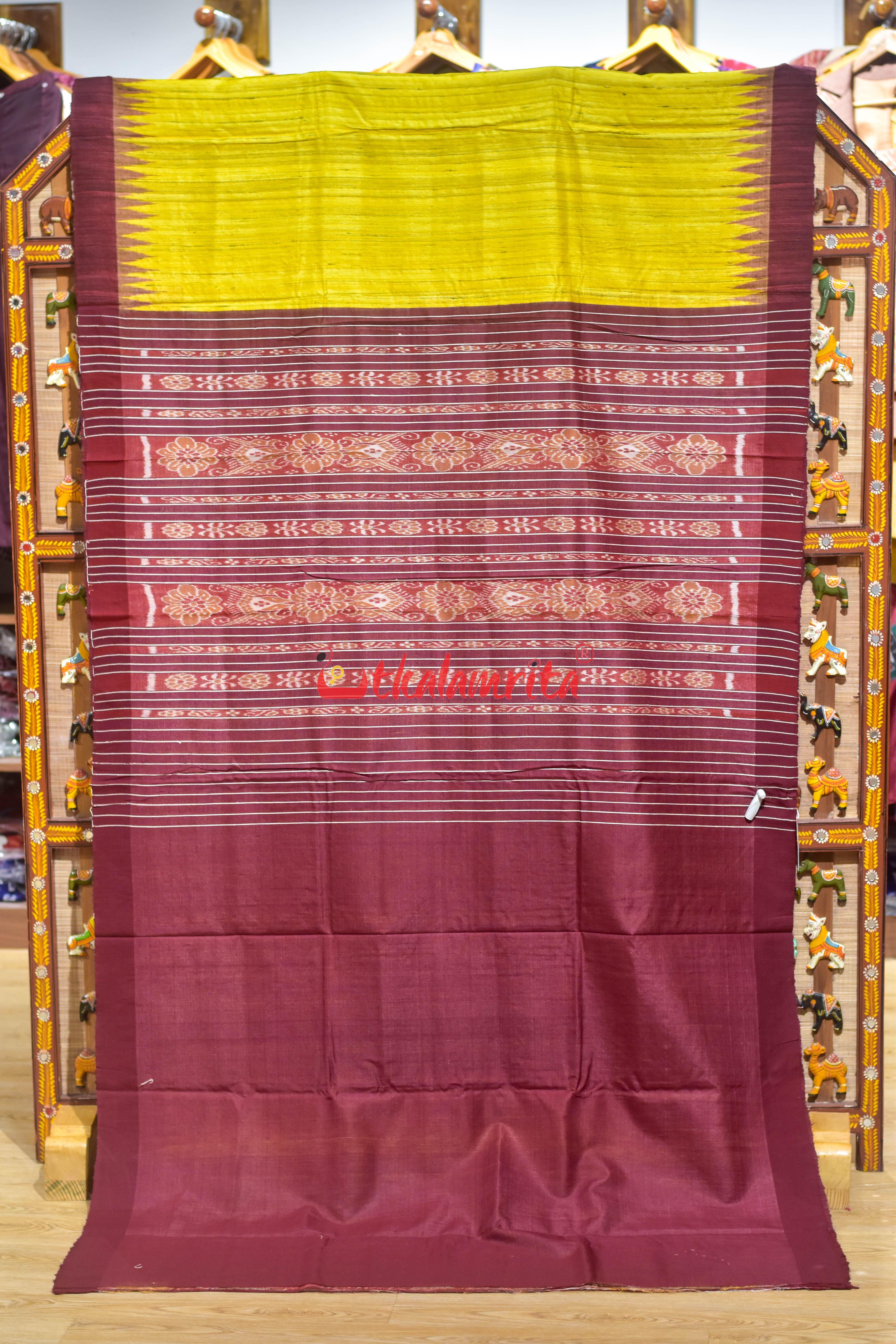 Gopalpur Tussar Yellow Maroon Saree
