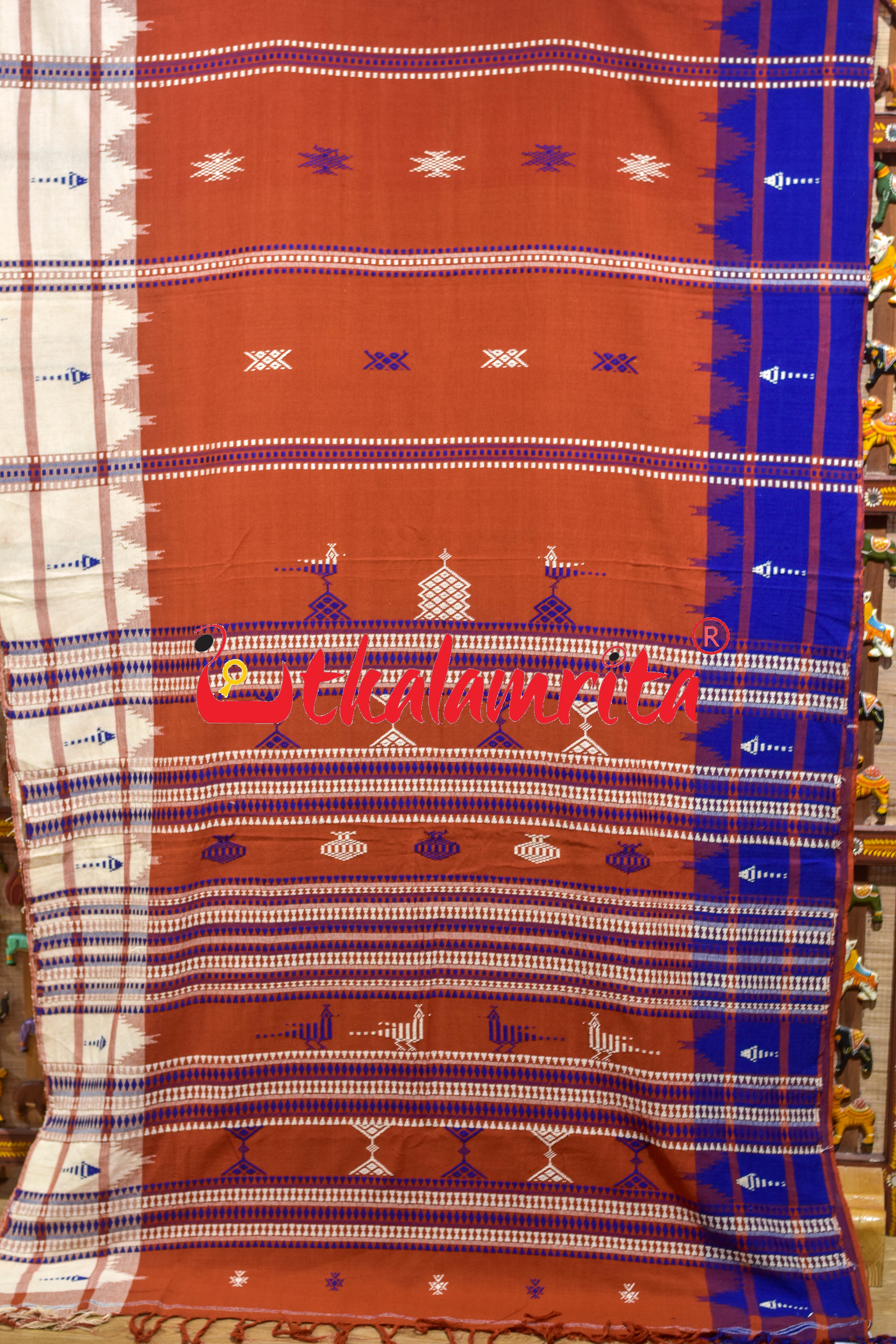 Rust Body Blue Adibasi Double Border Kotpad Cotton Saree