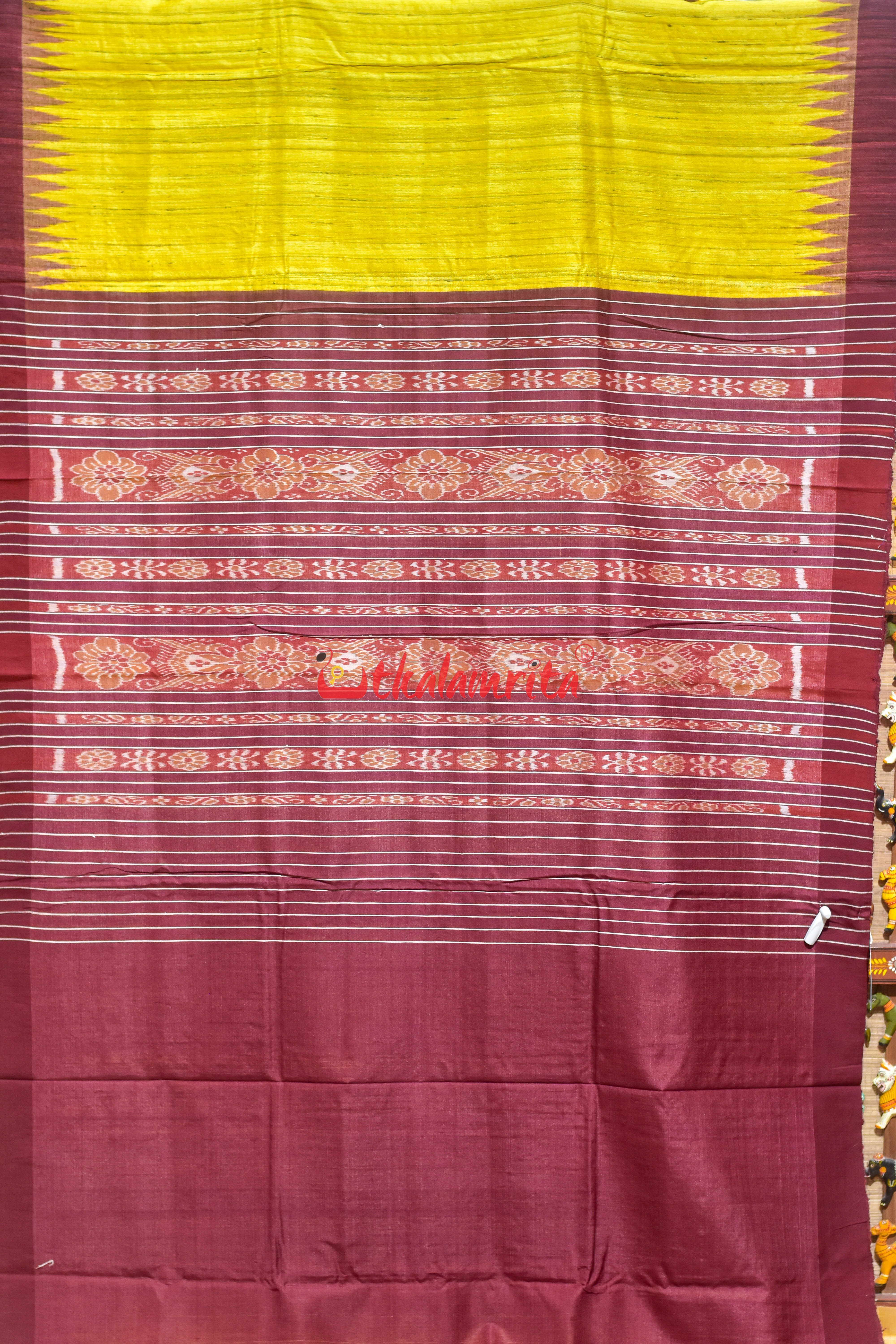 Gopalpur Tussar Yellow Maroon Saree