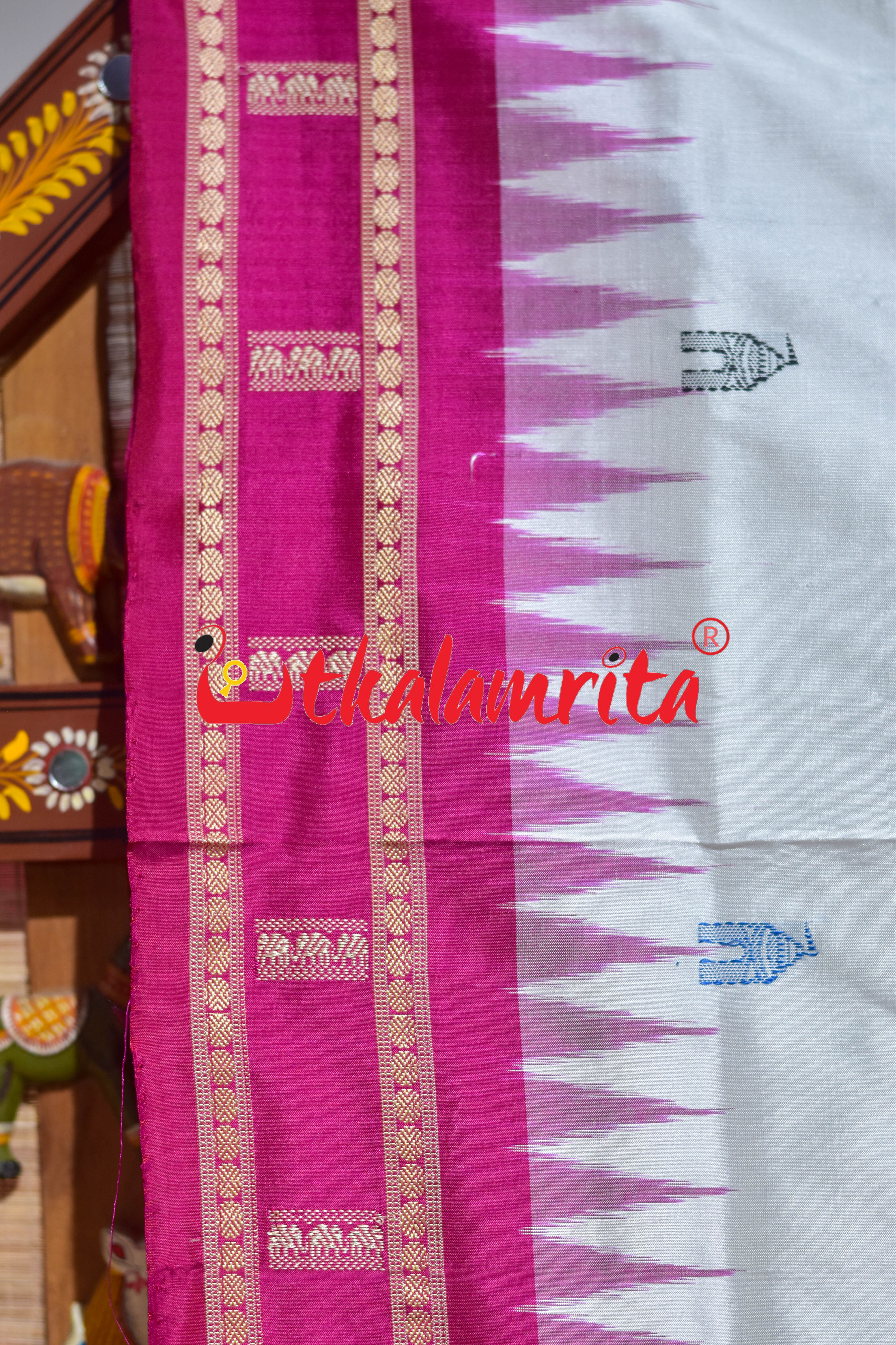 White Rani Pink Srimandira Bomkai Silk Saree