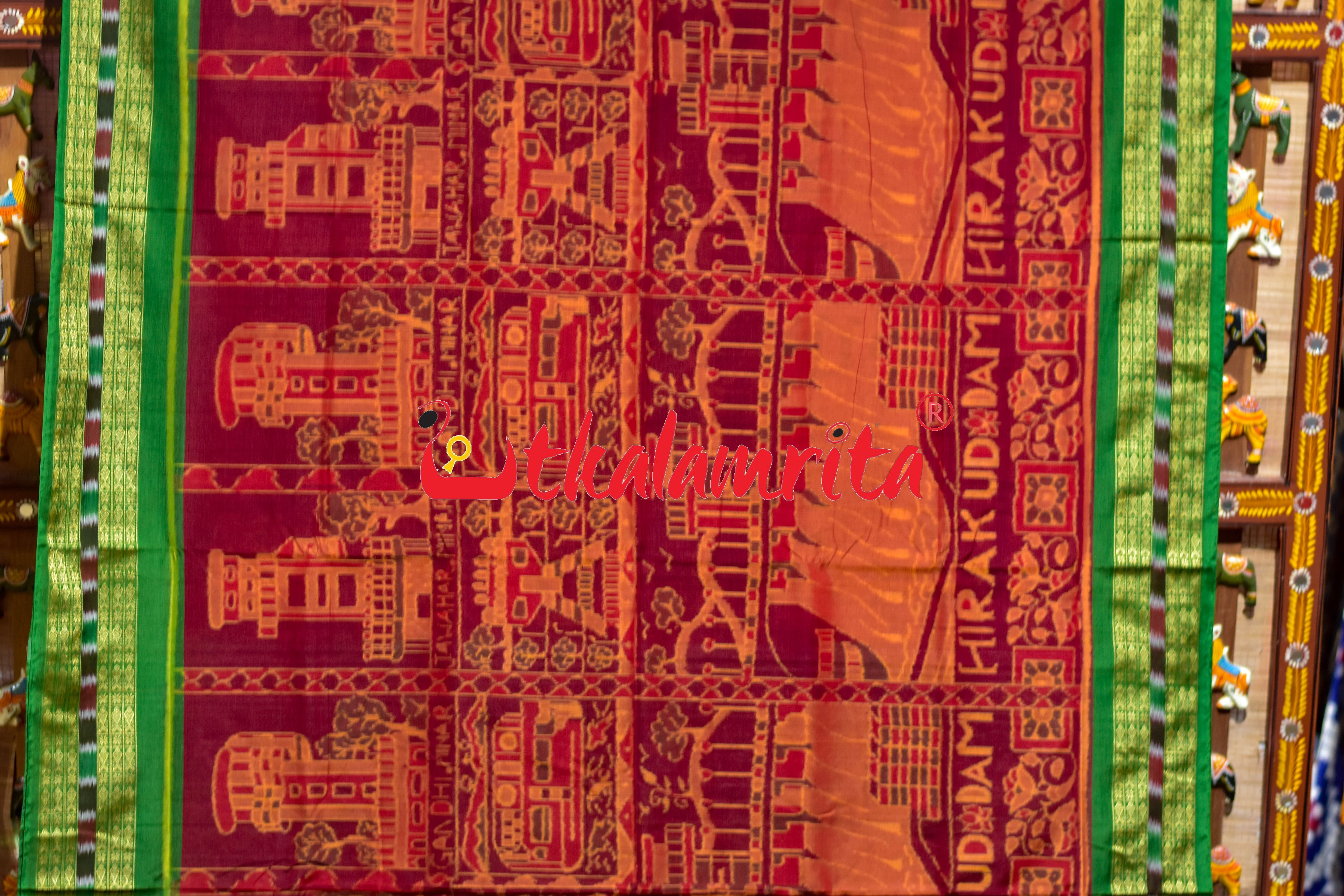 Red Green Hirakud Dam Theme Sambalpuri Cotton Saree