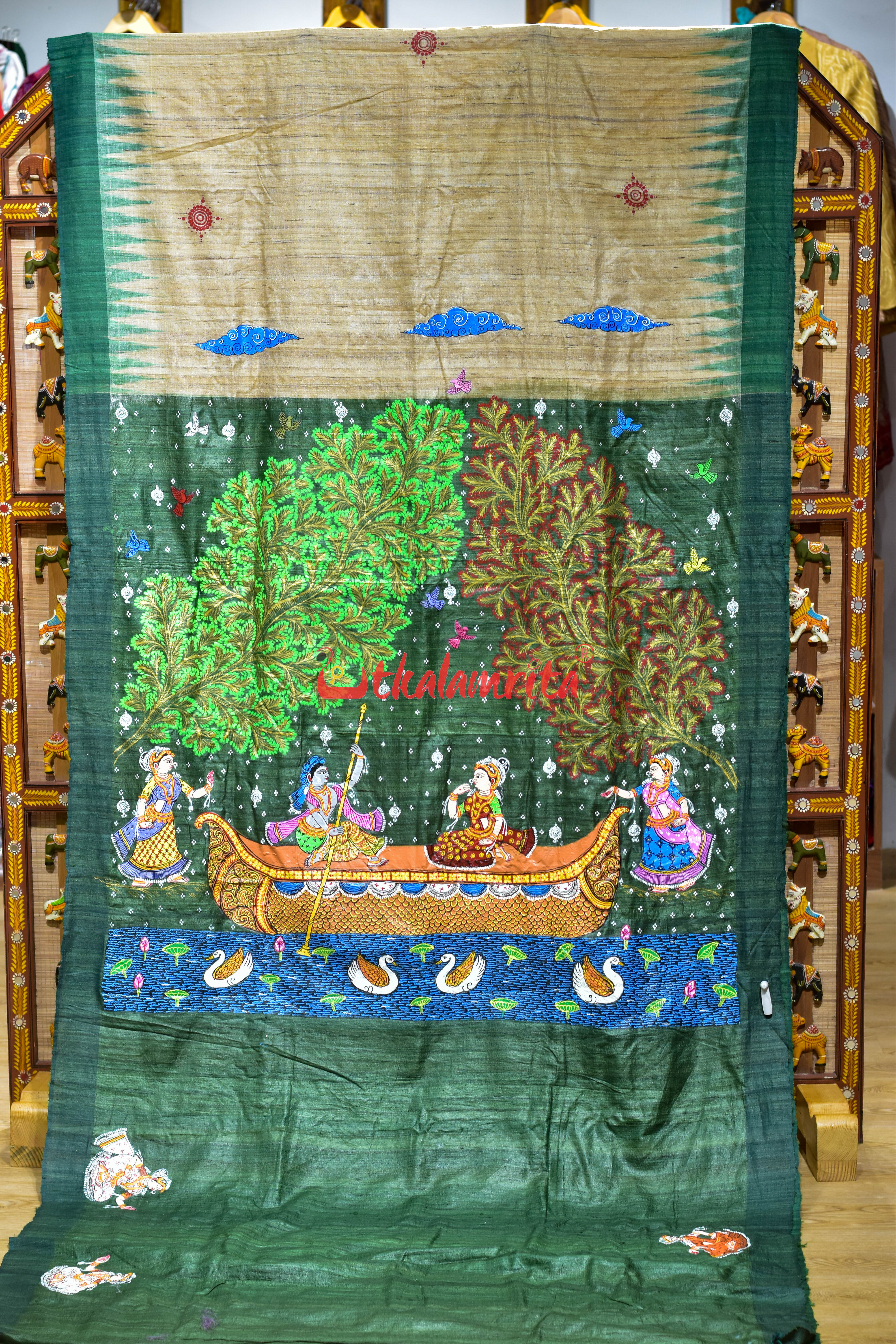 Gopalpur Tussar Beige Green Nauka Paar Pattachitra Silk Saree