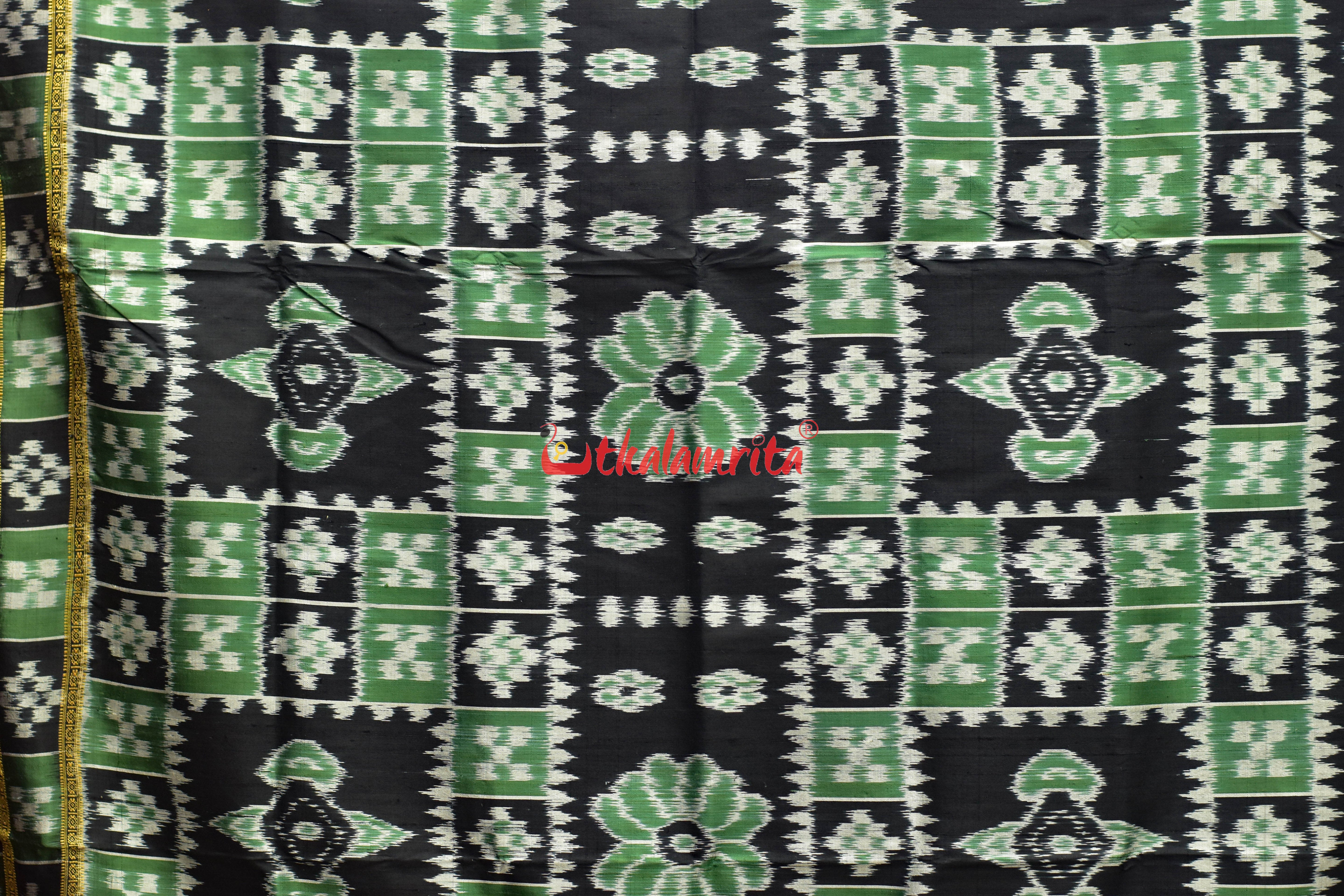Green Black Flower Bandha Khandua Silk Saree