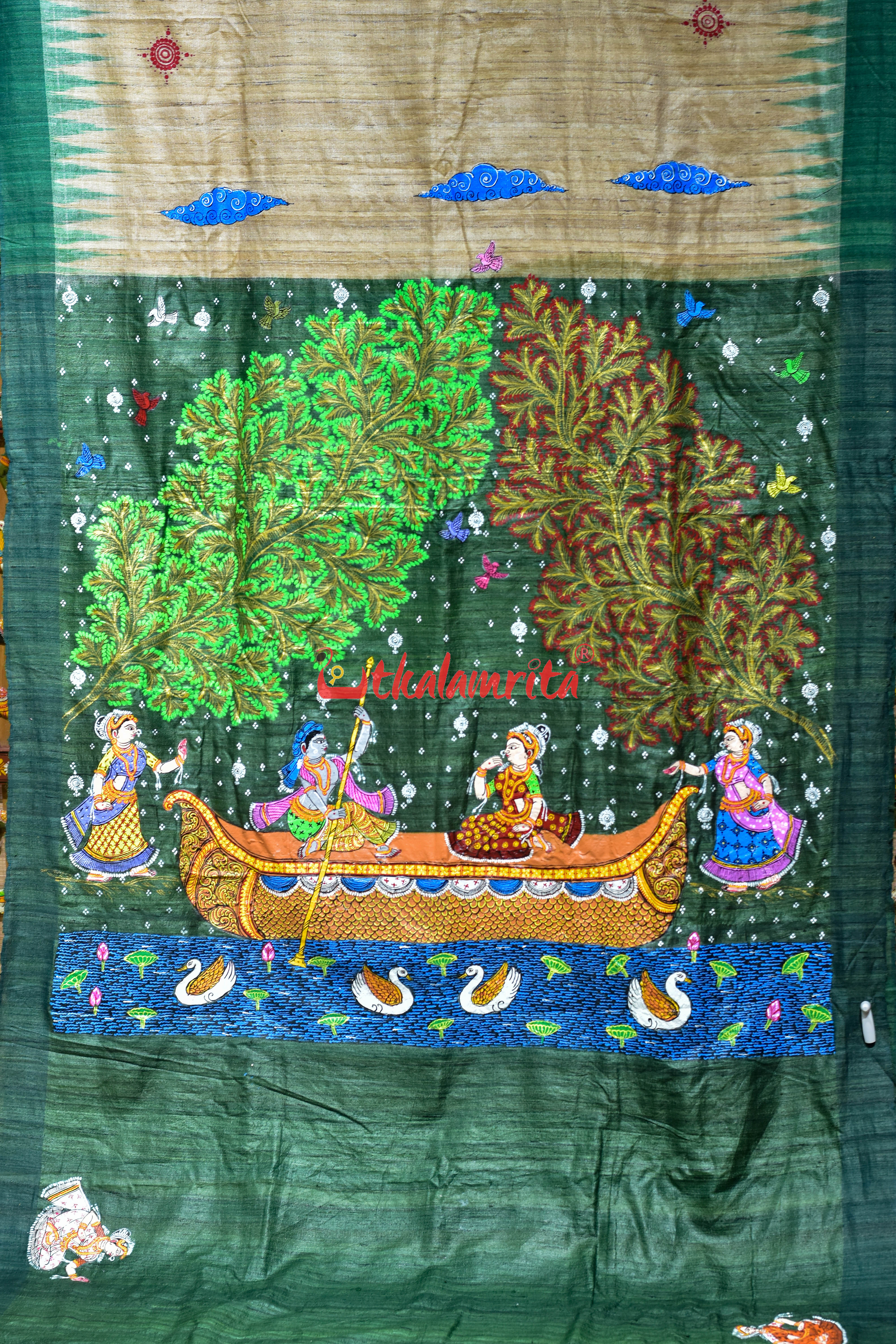 Gopalpur Tussar Beige Green Nauka Paar Pattachitra Silk Saree