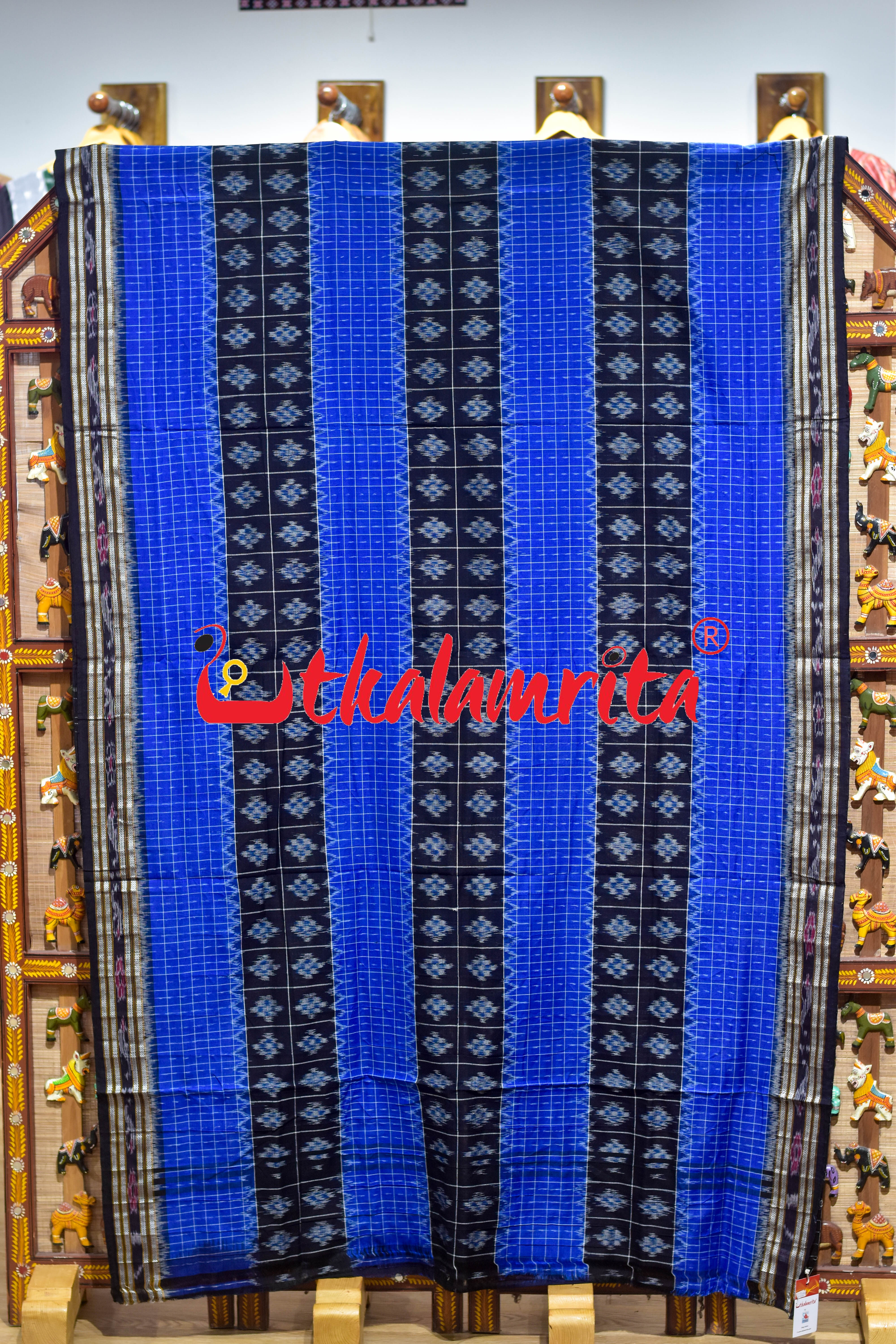Blue Checks Black Middle Pasapali Khandua Cotton Saree