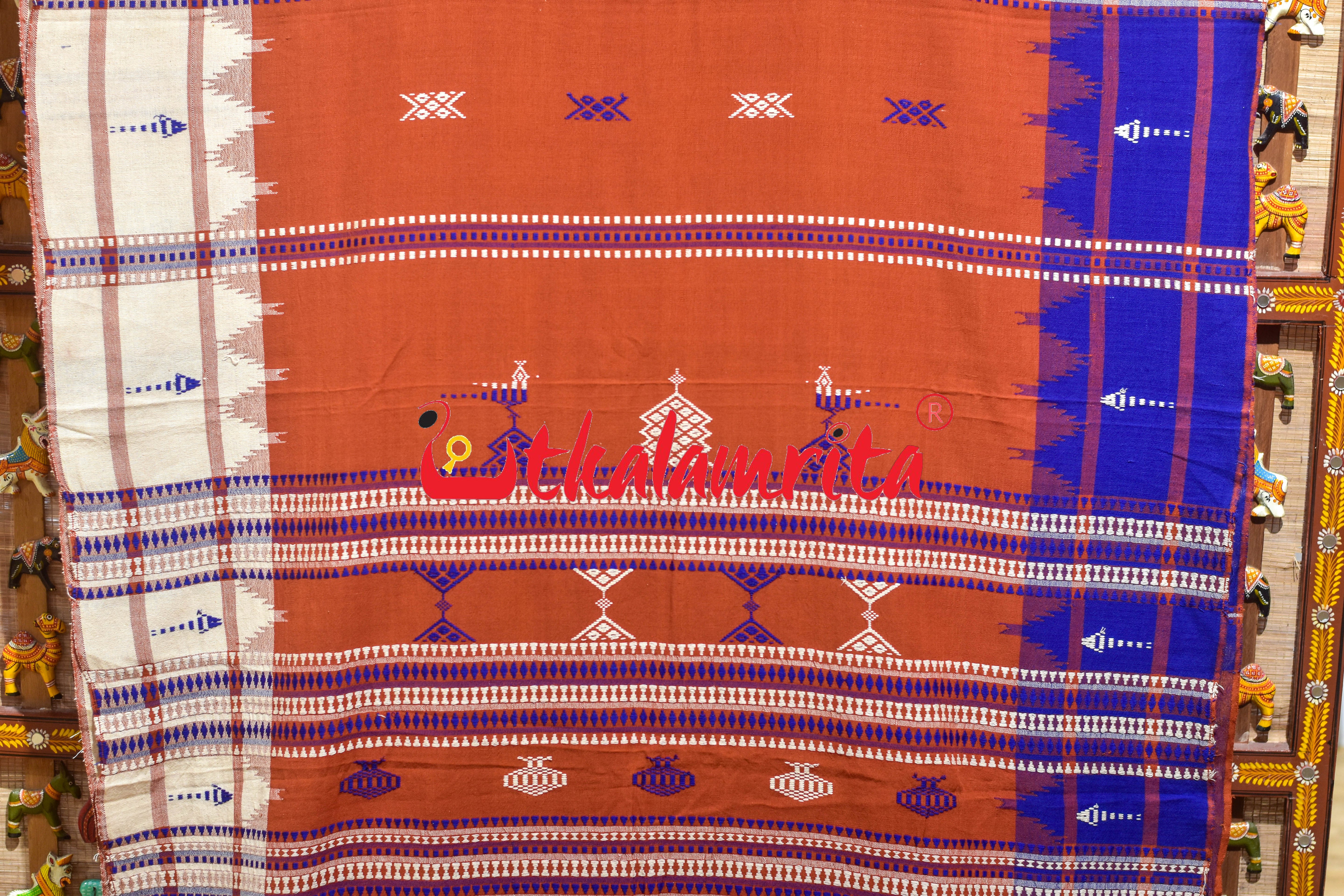 Rust Body Blue Adibasi Double Border Kotpad Cotton Saree
