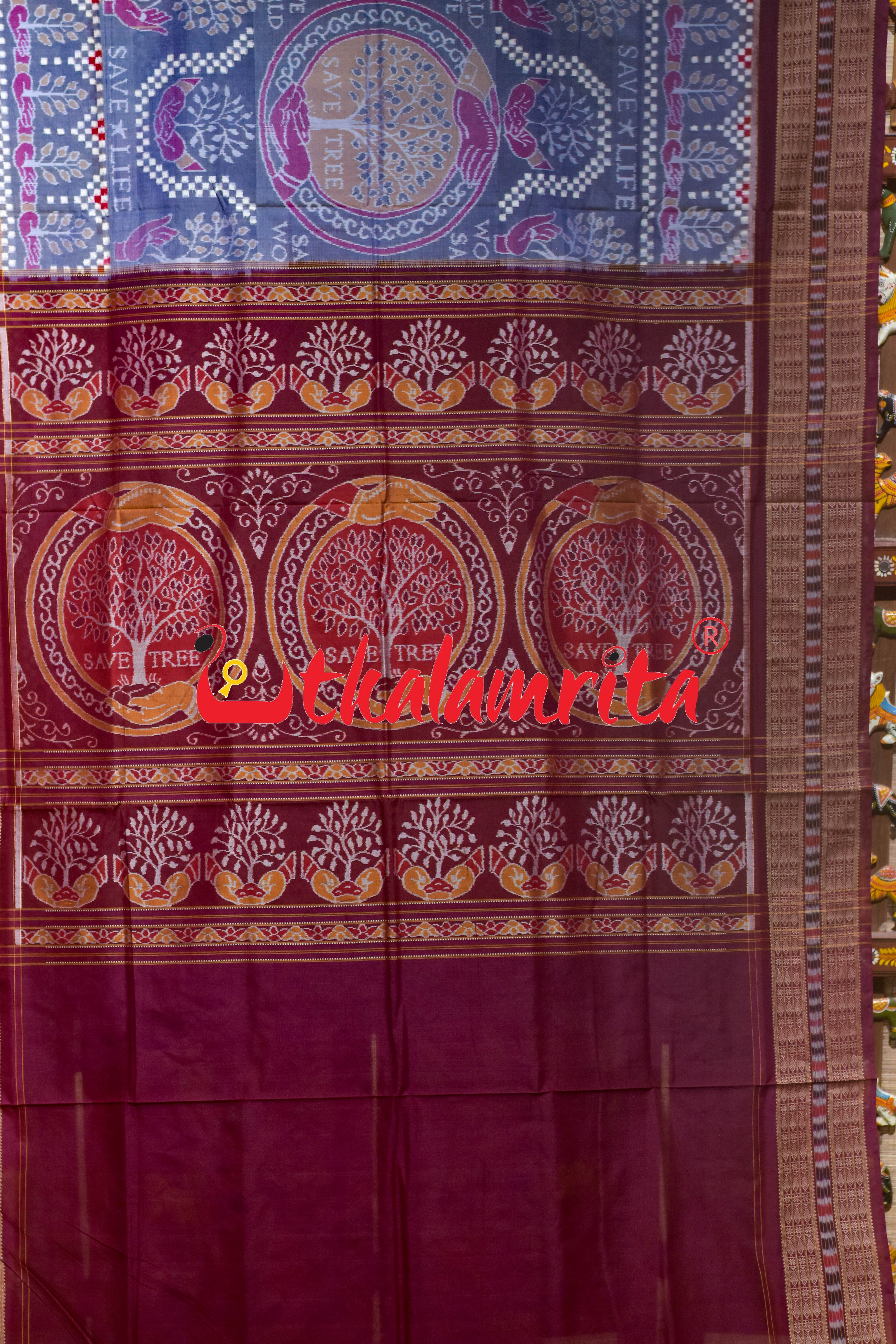 Save Tree Save World Theme Grey Sambalpuri Cotton Saree