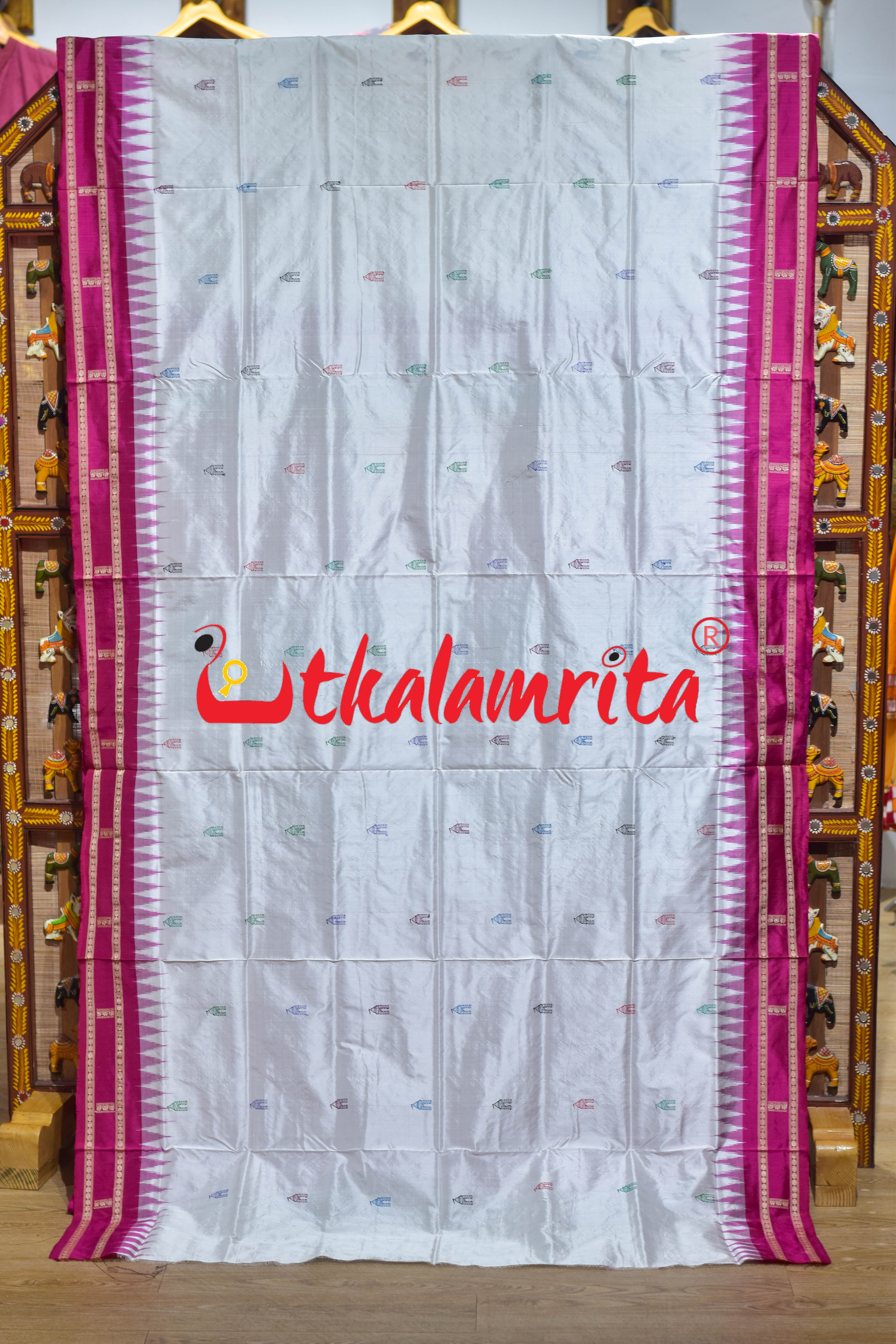 White Rani Pink Srimandira Bomkai Silk Saree